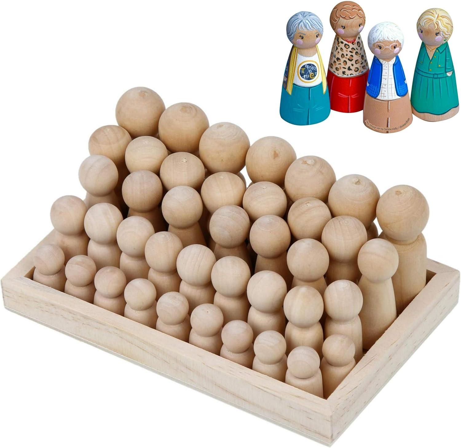 Wooden Peg Dolls Unfinished People - Pack of 40 with Storage Case In Assorted Sizes - Natural Wood Shapes Figures, Decorative Doll Bodies for Diy Arts and Crafts