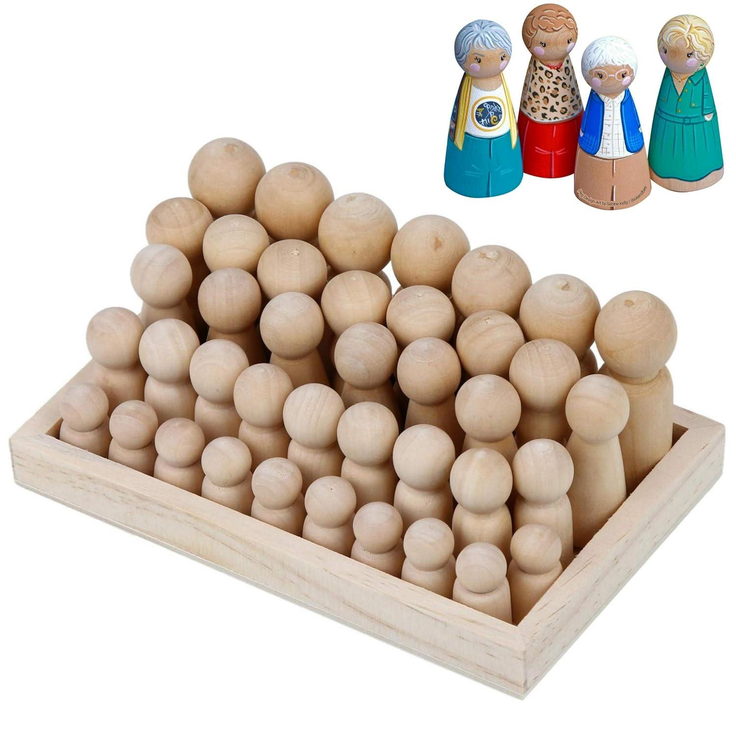 Wooden Peg Dolls Unfinished People - Pack of 40 with Storage Case In Assorted Sizes - Natural Wood Shapes Figures, Decorative Doll Bodies for Diy Arts and Crafts
