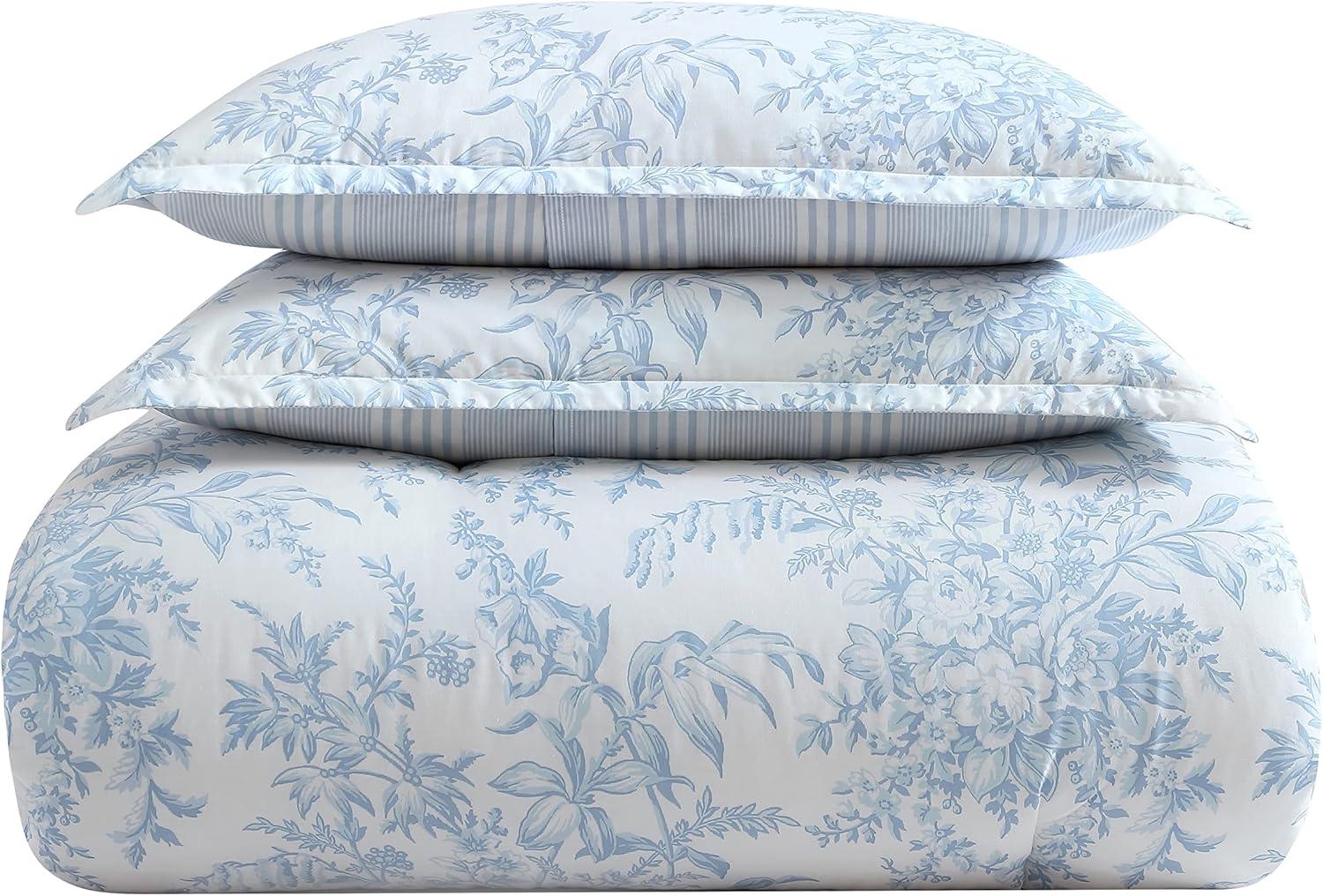 Laura Ashley 3pc King Bedford Comforter Bedding Set Blue: Cotton Reversible, OEKO-TEX Certified, Floral Design