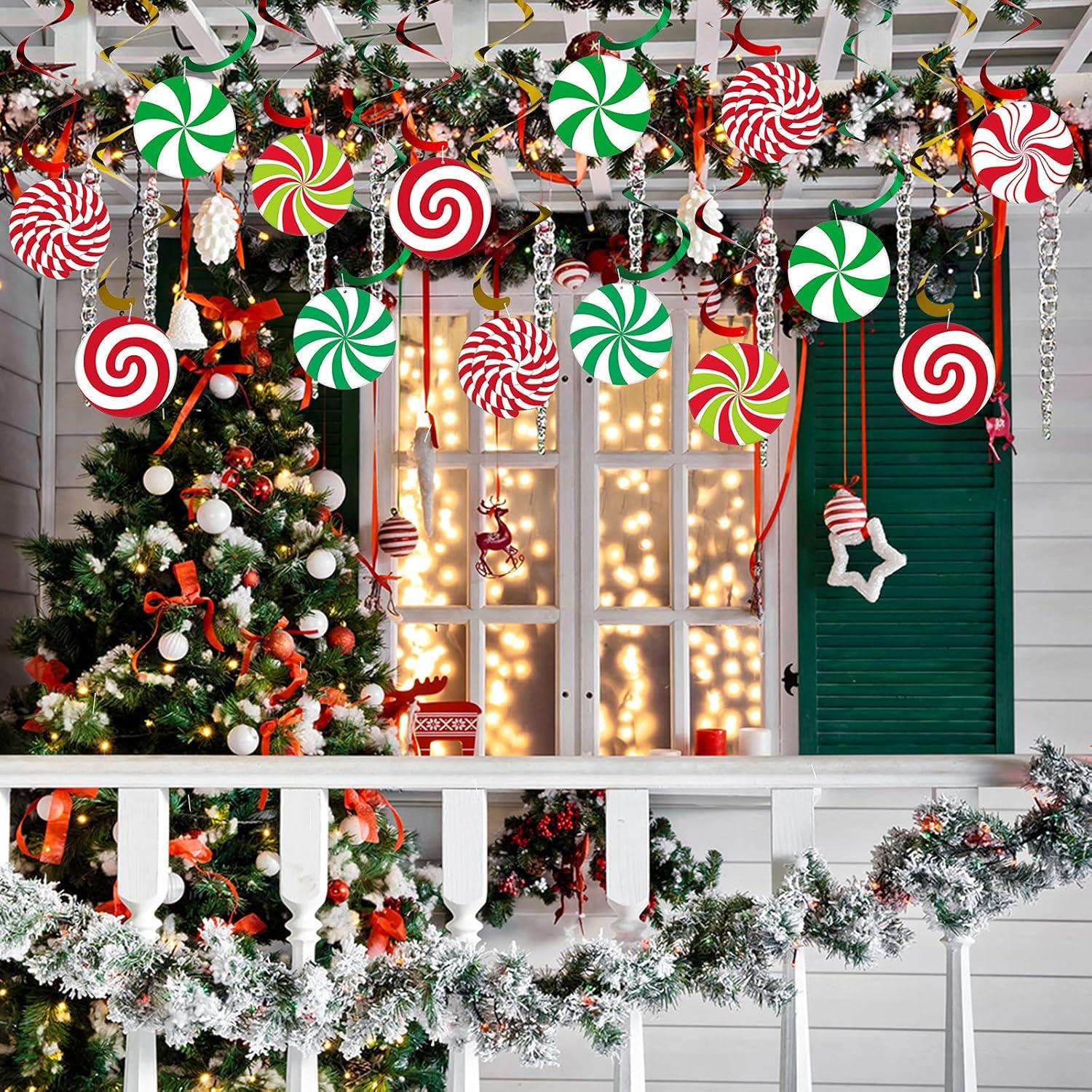 24 Sets Christmas Hanging Swirl Decoration Kits Gingerbread Man Hanging Swirl Garland Christmas Ceiling Swirl Decoration with Peppermint Candies Cutout Candy Cane Swirl Decoration (Classic Style)