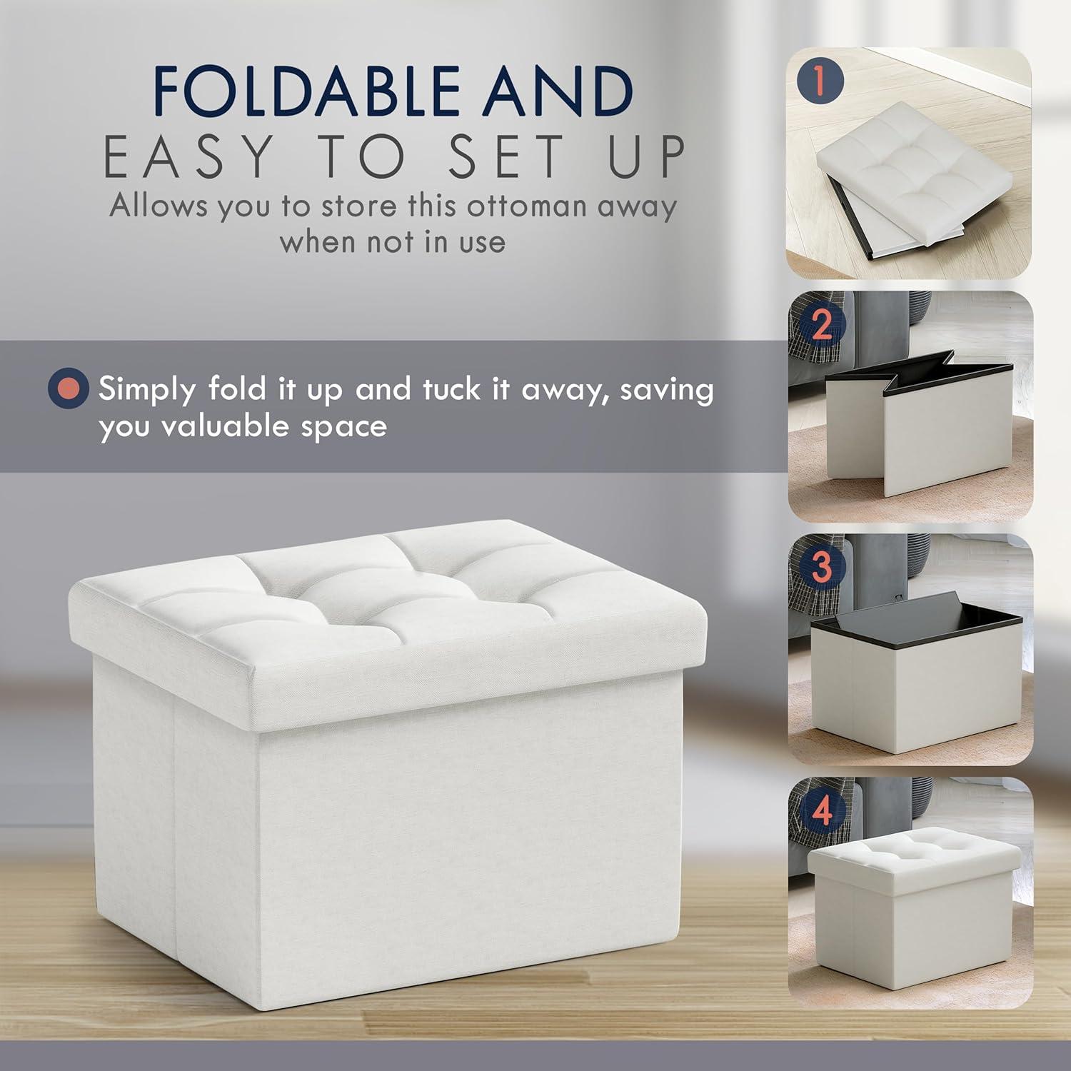 Small White Tufted Linen Foldable Storage Ottoman