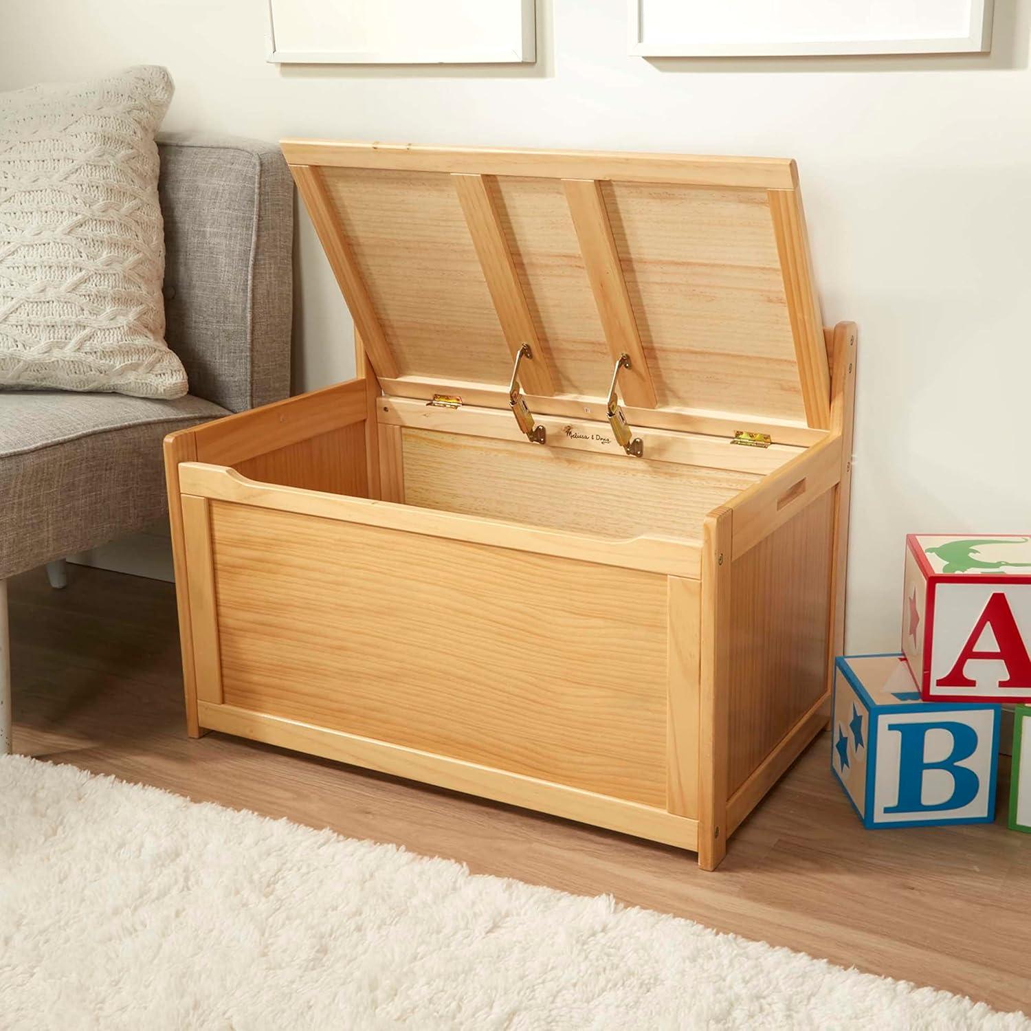 Light Wood Toy Chest with Safety-Hinged Lid