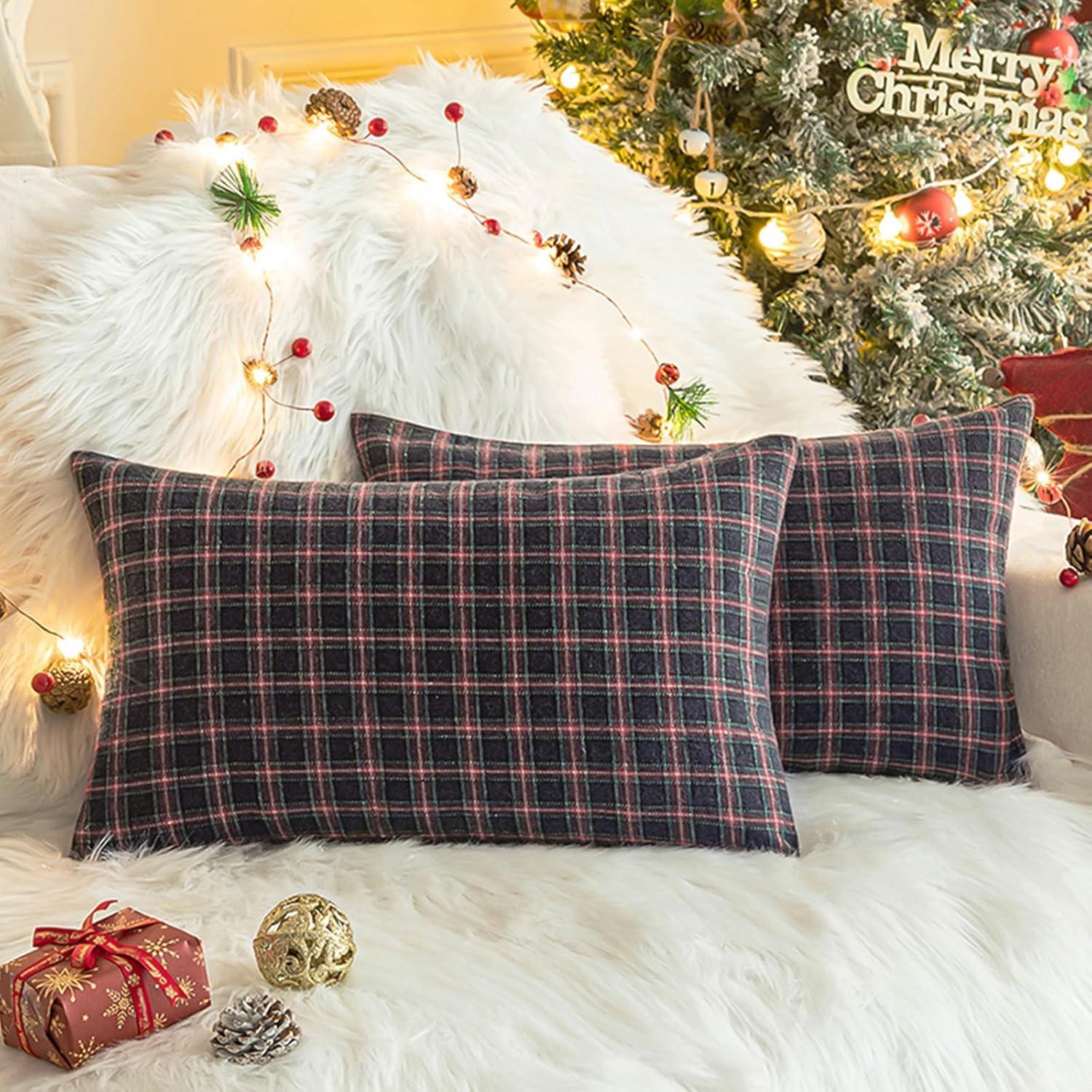 Red and Beige Tartan Plaid Snowflake 18" Polyester Euro Pillow Covers