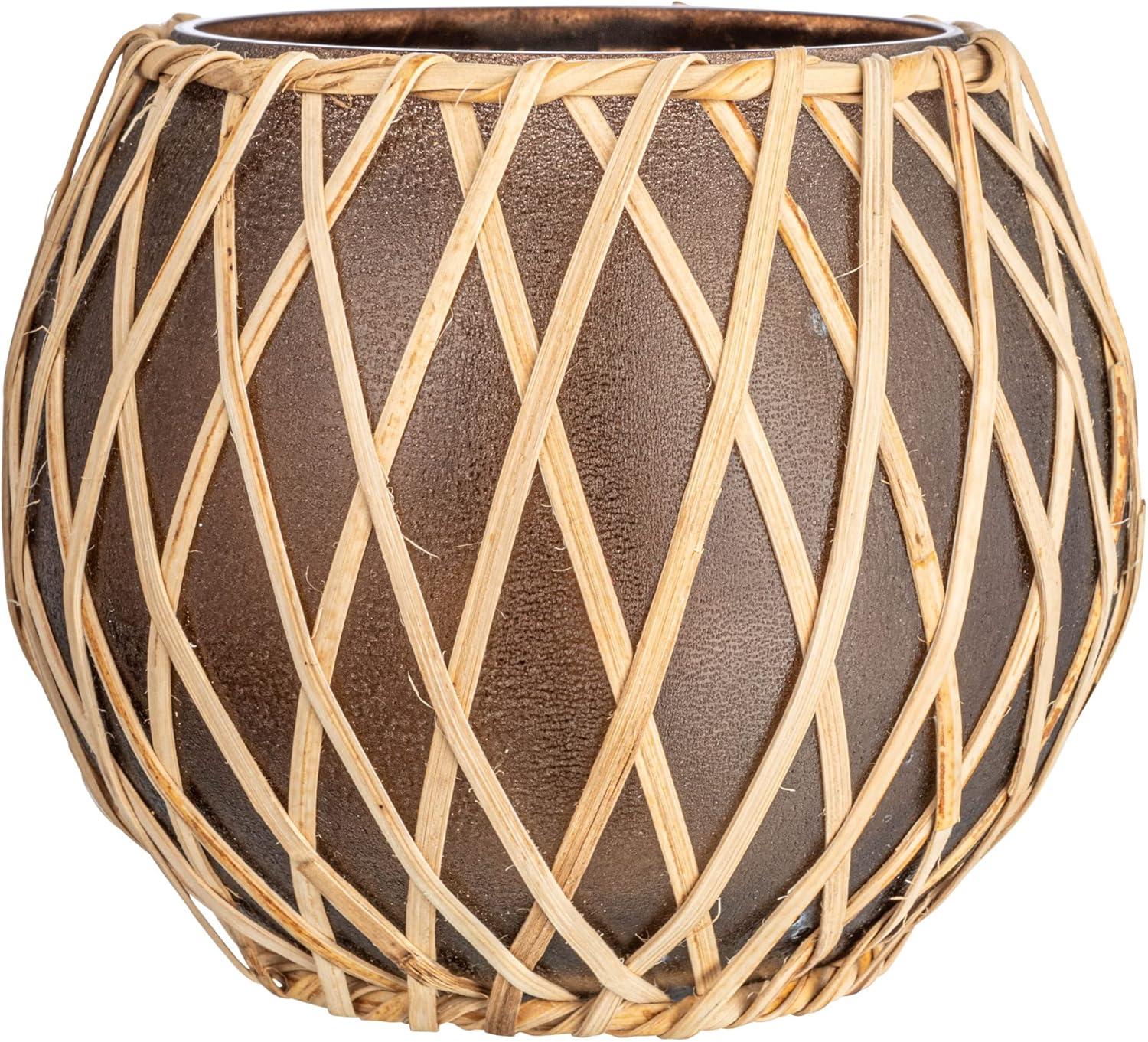 Storied Home Glass Votive Holder with Woven Rattan Sleeve, Brown and Natural