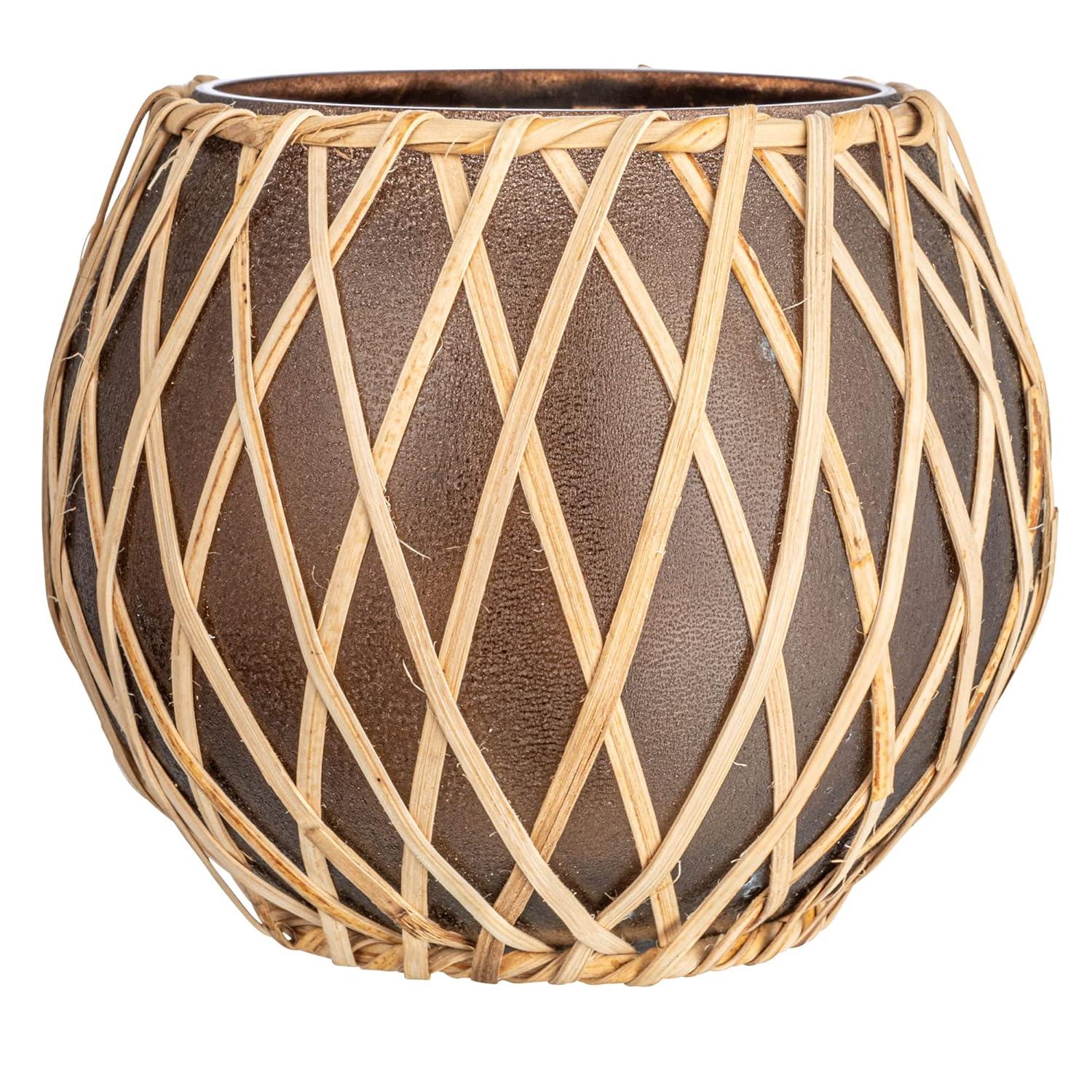 Storied Home Glass Votive Holder with Woven Rattan Sleeve, Brown and Natural