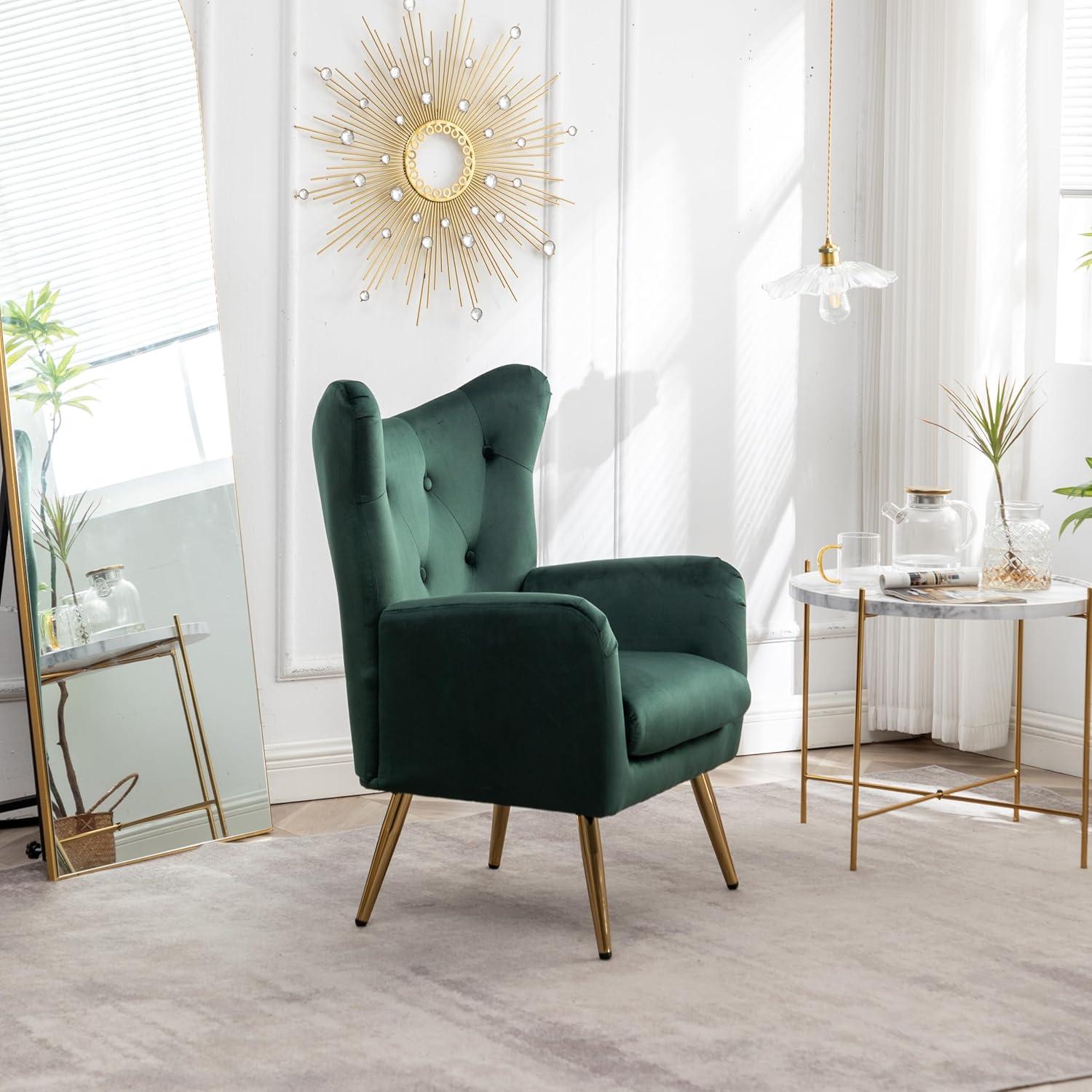 Green Velvet Button-Tufted Wing Back Accent Chair with Wood Legs