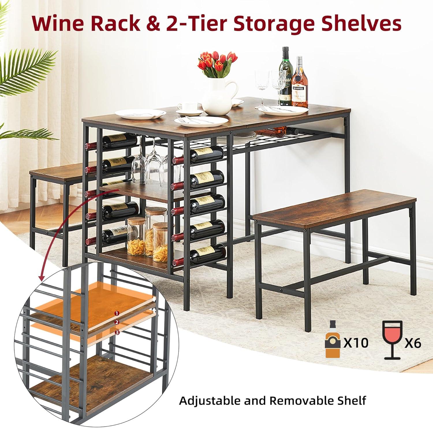 Kitchen Dining Table Set for 4, Storage Dining Table with 2 Benches, Wine Rack and Storage Shelf, Rectangular Dining Room Table Set, 3 Piece Dining Table Set for Small Space, Apartment, Dinette