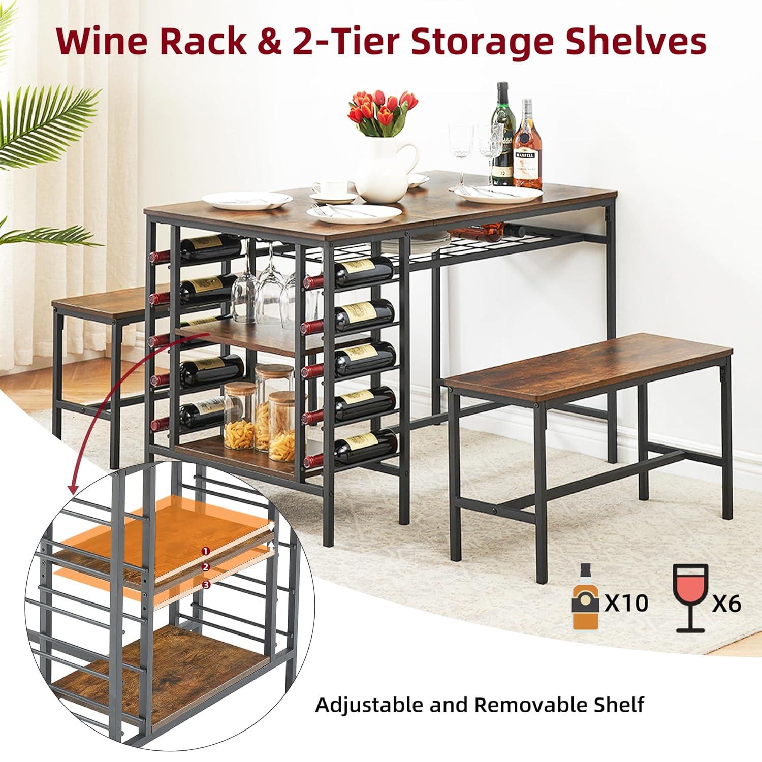 IDEALHOUSE Dining Table Set for 4, Kitchen Table Set for 4 with 2 Benches, Rectangular Dining Room Table Set with Wine Rack, 3 Piece Dining Table Set for Small Space Apartment, Rustic Brown