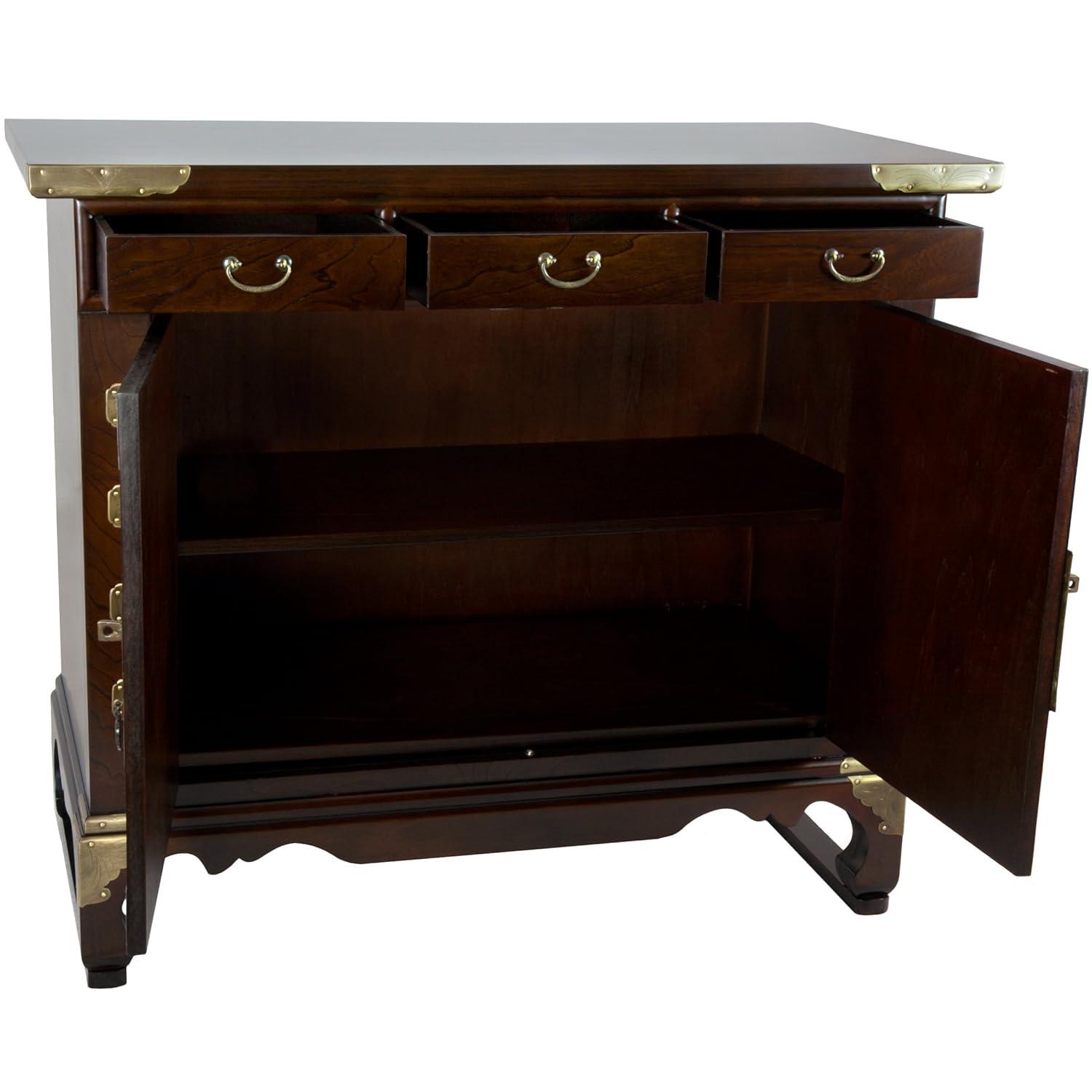 Red Lantern Korean Antique Style 3 Drawer End Table Cabinet, Cognac