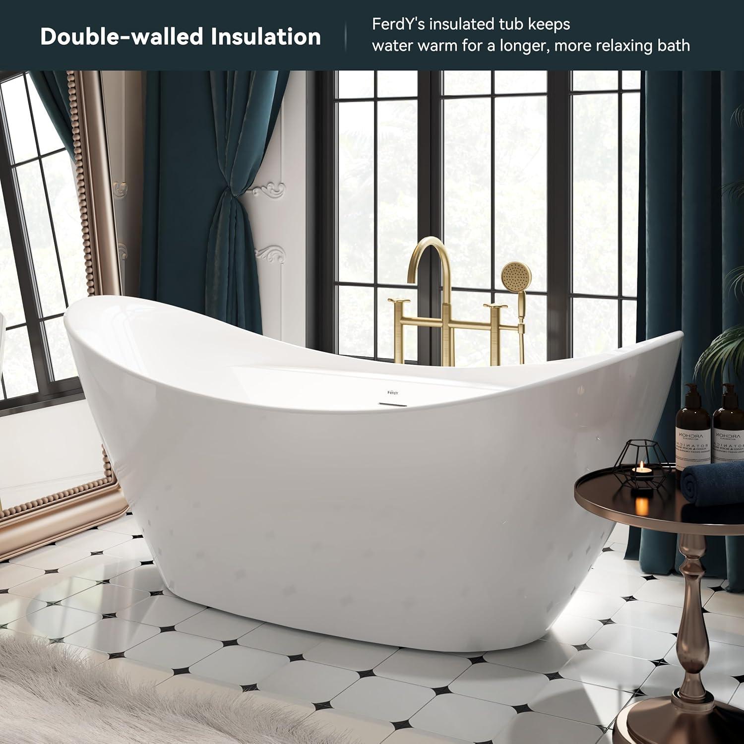 FerdY Boracay 67" Acrylic Freestanding Bathtub With Chrome Drain