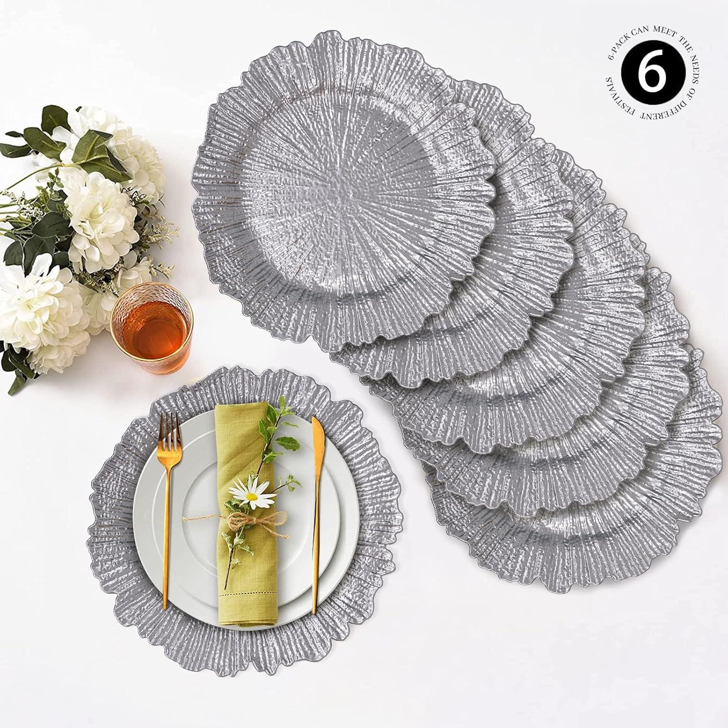 Craft and Party Charger Plate, 6 pcs 13" Round Silver Plastic Reef Charger Plate For Weddings And Elegant Settings With A Metallic Finish