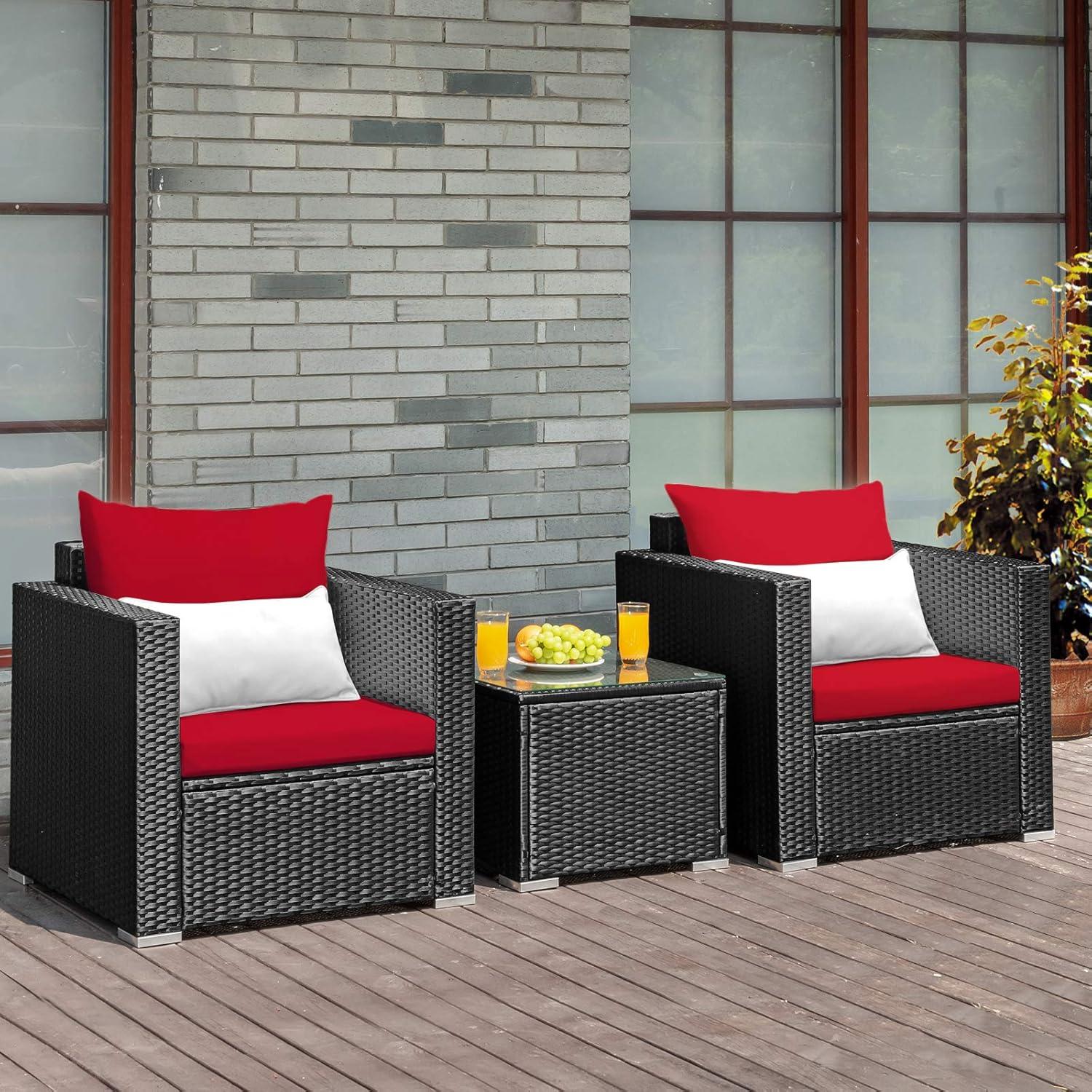 Costway 3PCS Patio Rattan Wicker Furniture Set Sofa Table W/Cushion Yard Red