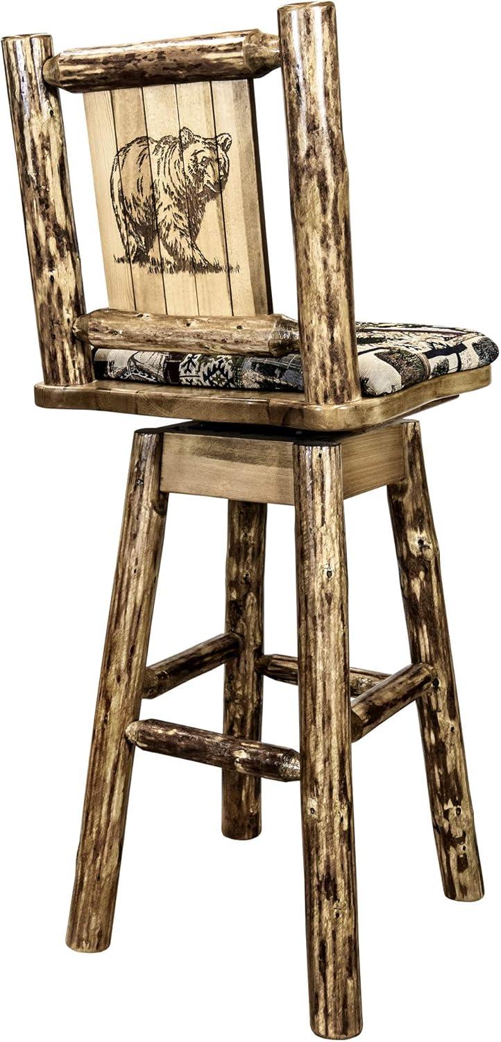 Rustic Lodge Pole Pine Swivel Barstool with Engraved Bear Design