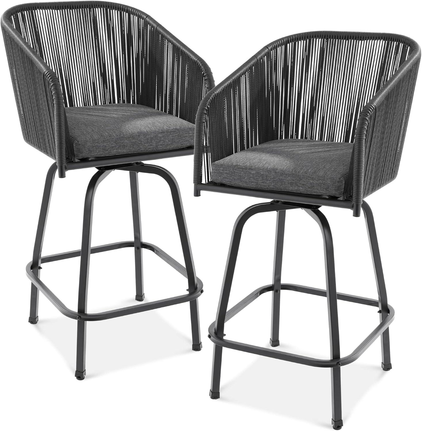 Best Choice Products Set of 2 Woven Wicker Swivel Barstools, Patio Bar Height Chairs w/ 360 Rotation - Black/Gray