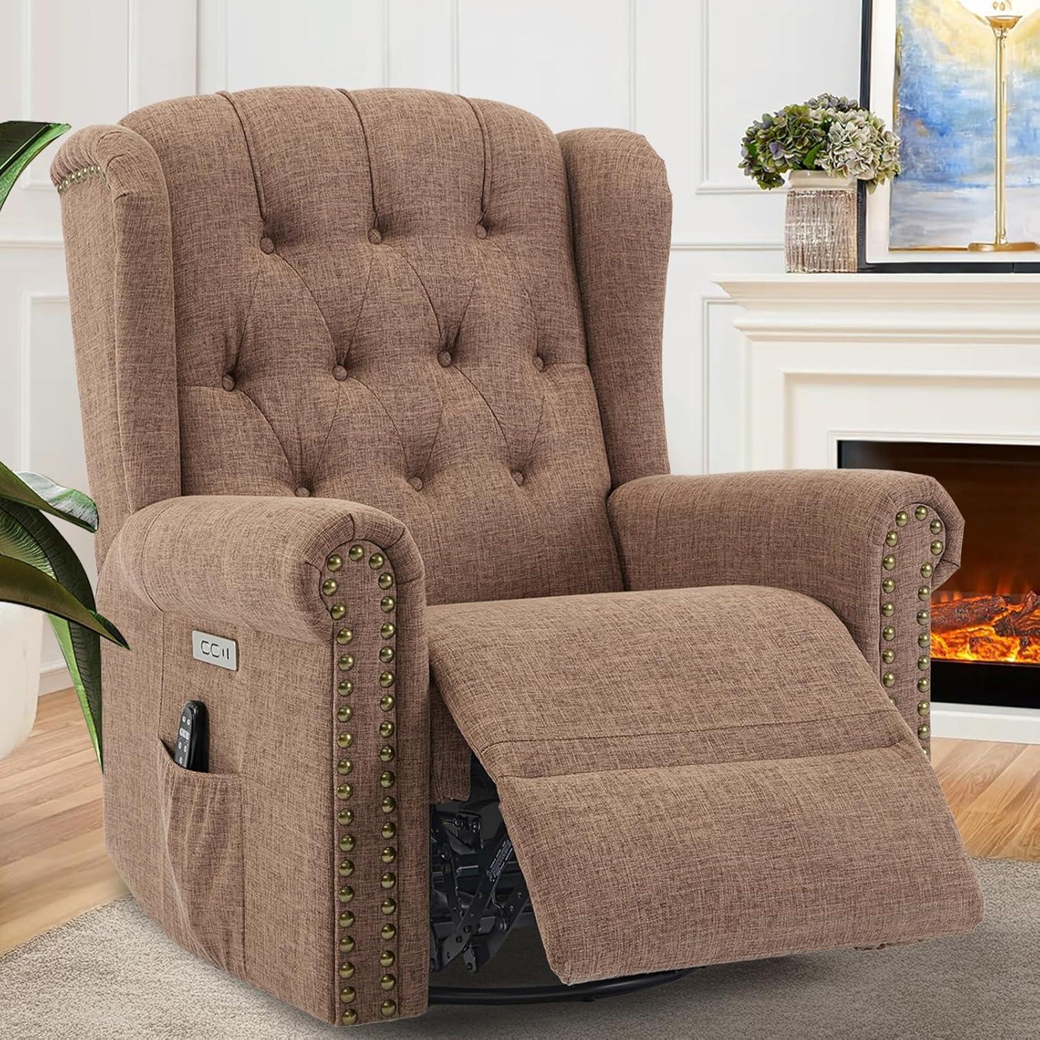 MEETWARM Meetwarm Power Swivel Rocking Glider Recliner Chair With Heat And Vibration, Electric Rocker Nursery Reclining Chair, Wingback Tufted Upholstered Recliner For Living Room, Type-C & Usb Ports
