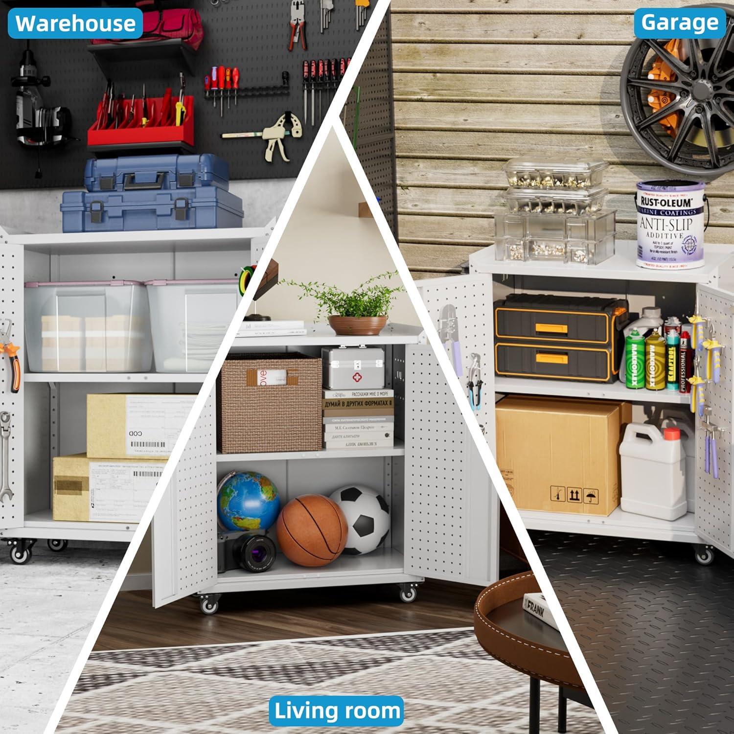 AOBABO 72 Inch Locking Metal Garage Home Office Storage Cabinet with Universal Rubber Wheels/Lockable Casters and Magnetic Doors, White