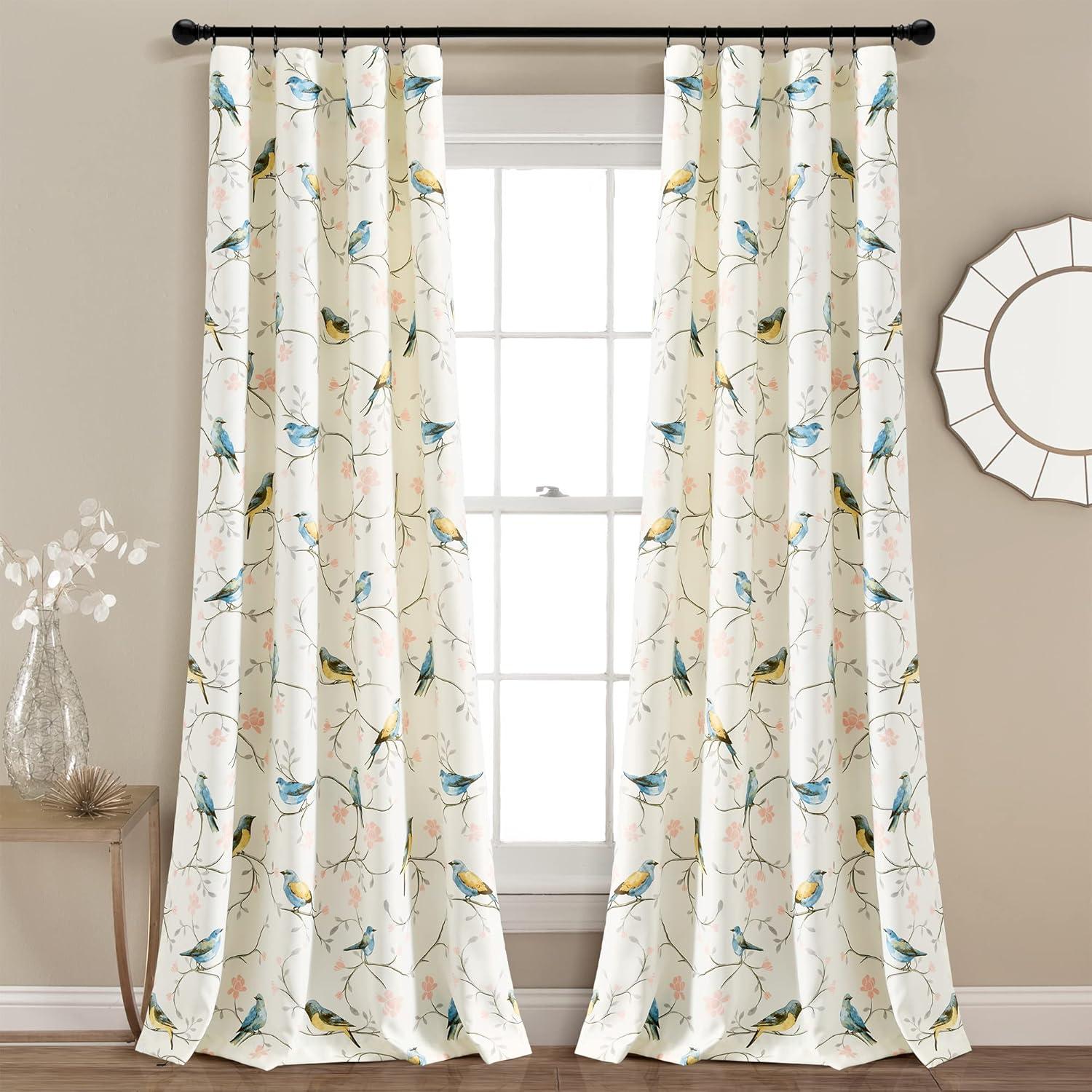 Botanical Bird and Flower Polyester Blackout Curtain Pair, 84" L x 52" W