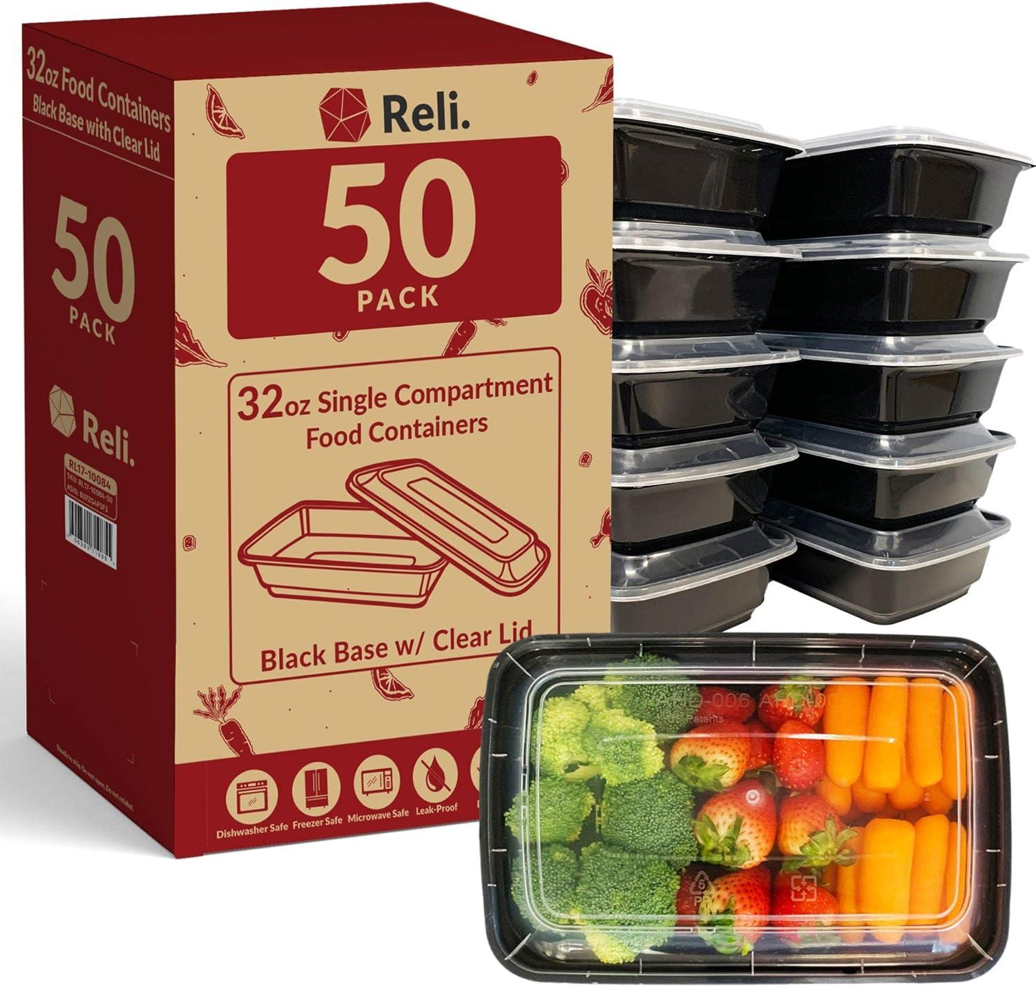 Diska NuLife 32oz Rectangular Food Container 50 Set | Black PP Polypropylene Containers With Lids For Storage | Microwave & Freezer Safe | Eco-Friendly, BPA-Free