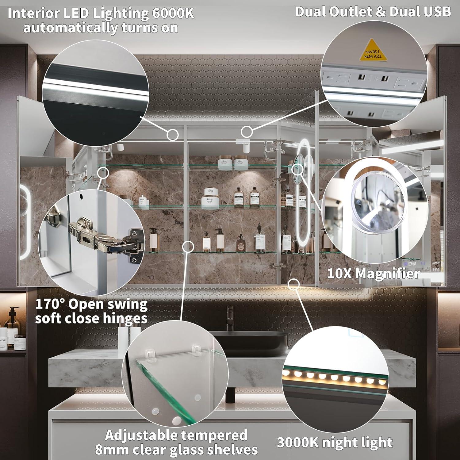 MEDUNJESS 72''x36'' Surface or Recessed Mount LED Medicine Cabinet with Mirror and Defogger 3 doors Medicine Cabinet