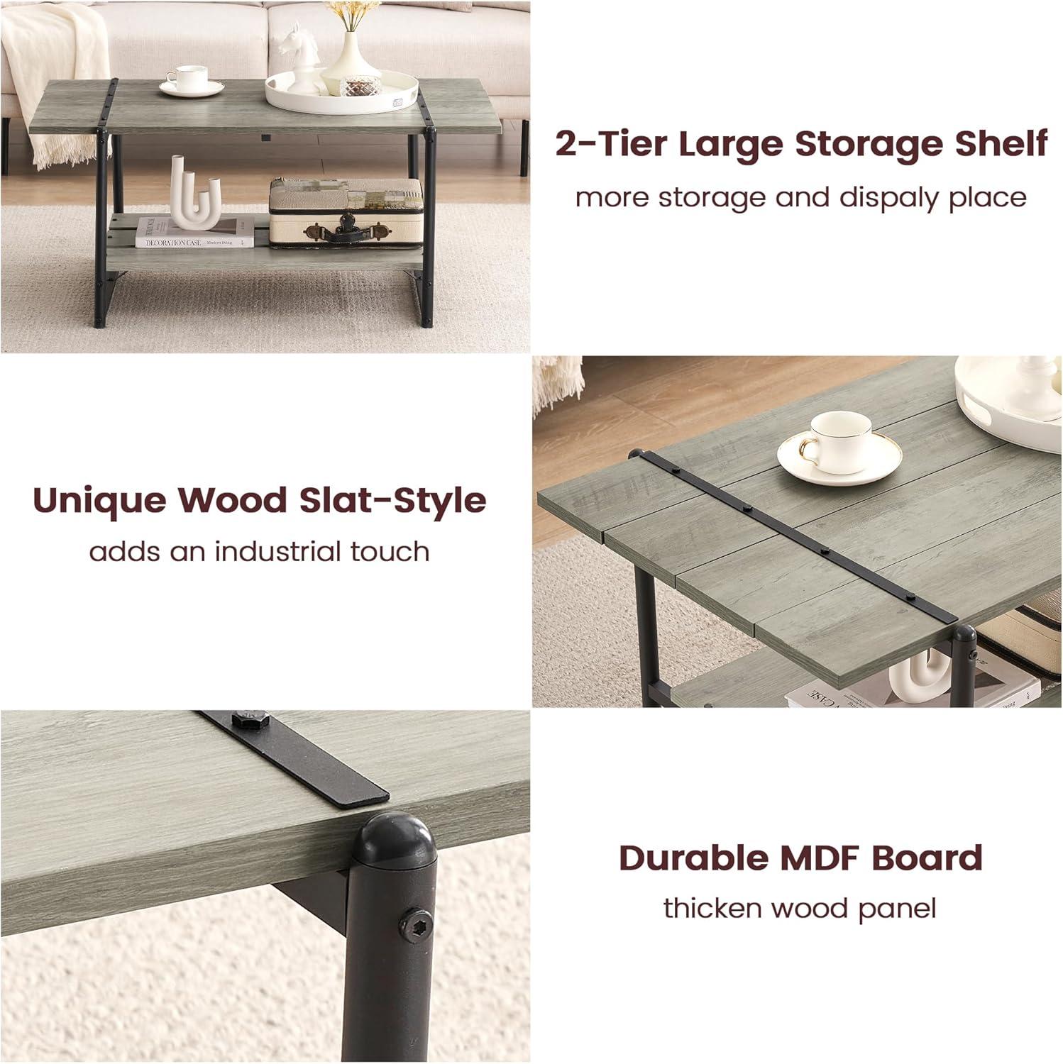 Gray Engineered Wood and Metal Outdoor Coffee Table with Storage Shelf