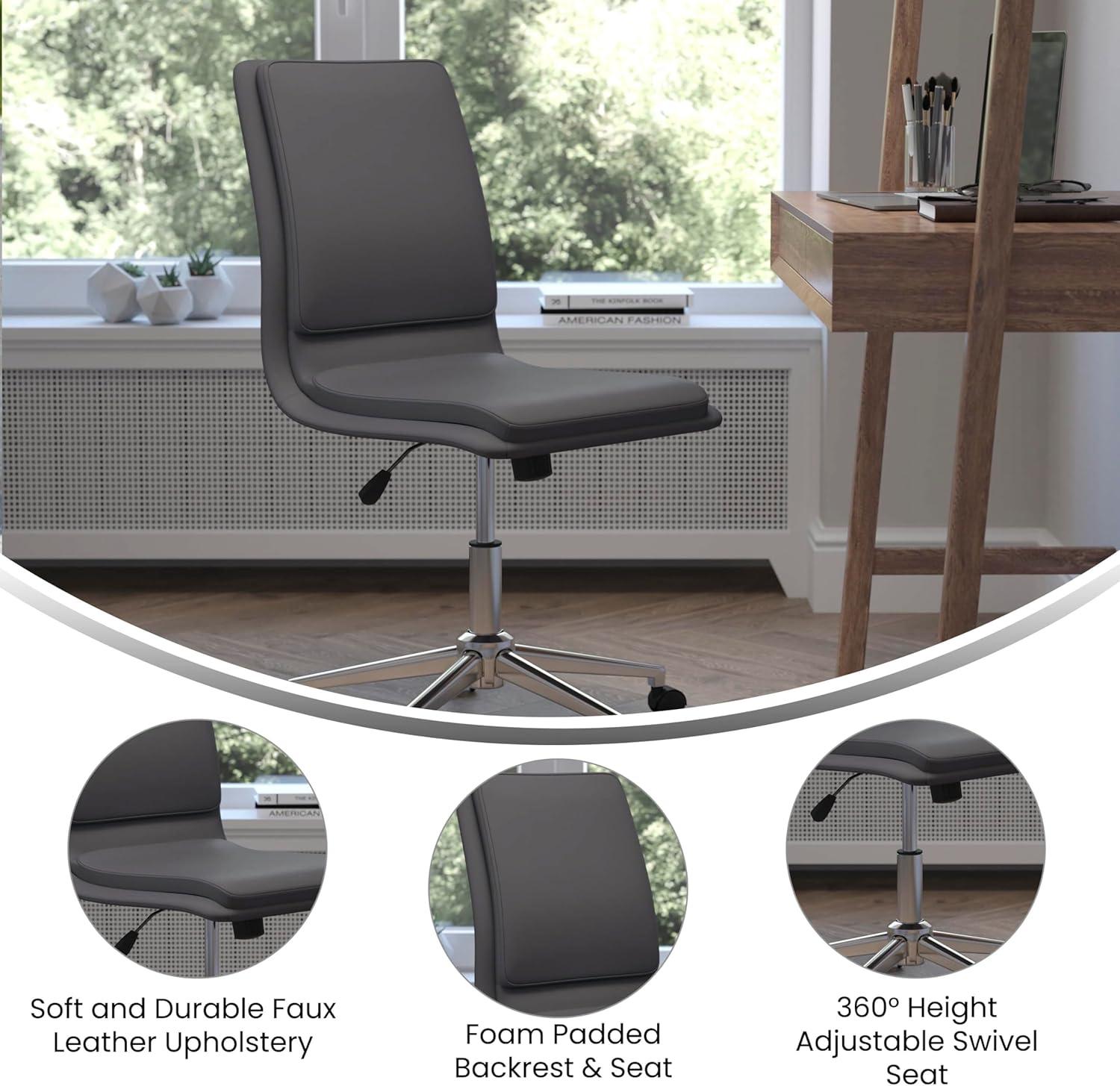 Flash Furniture Madigan Mid-Back Armless Swivel Task Office Chair with LeatherSoft and Adjustable Chrome Base, Gray