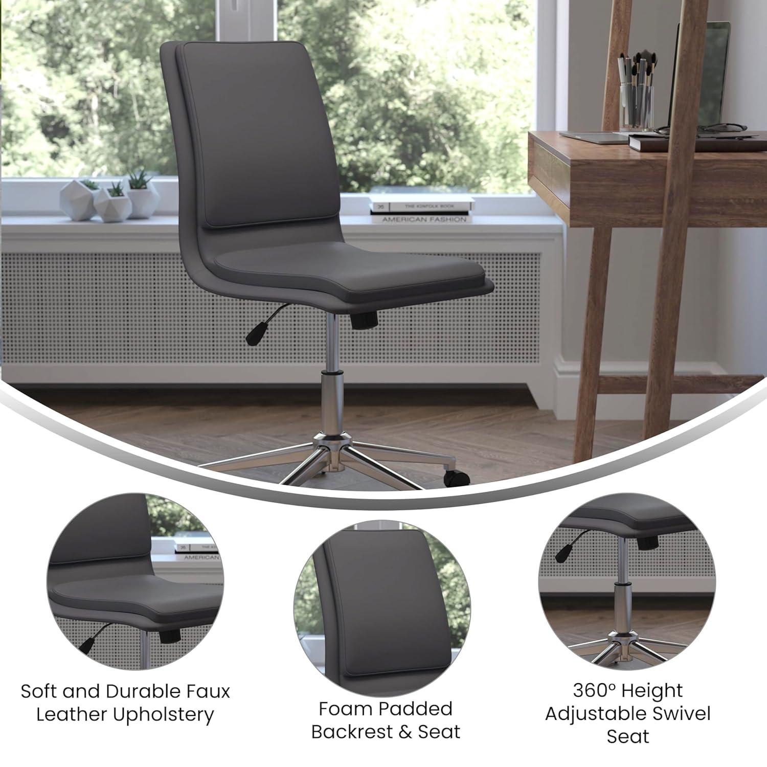 Flash Furniture Madigan Mid-Back Armless Swivel Task Office Chair with LeatherSoft and Adjustable Chrome Base, Gray