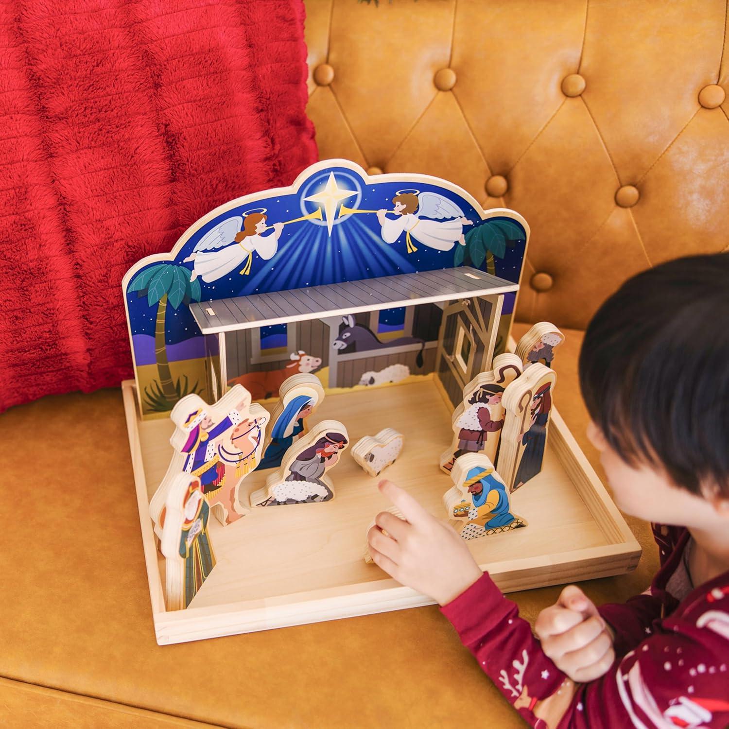 Melissa & Doug Classic Wooden Christmas Nativity Set With 4-Piece Stable and 11 Wooden Figures