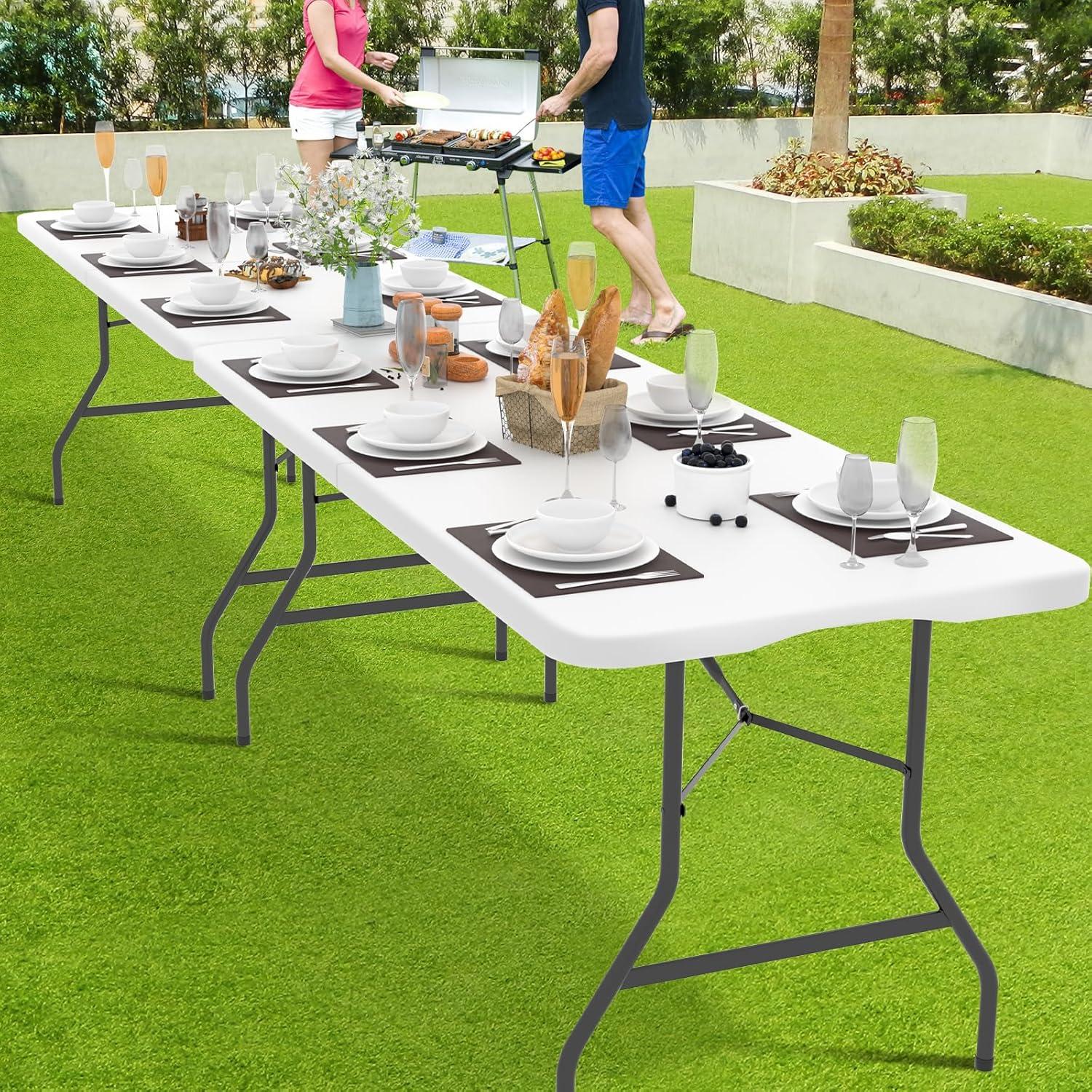 Folding Table 6 Foot Indoor Outdoor Heavy Duty Plastic Portable Fold Up Table Utility Camping Dining Party Table, Easy to Assemble, White