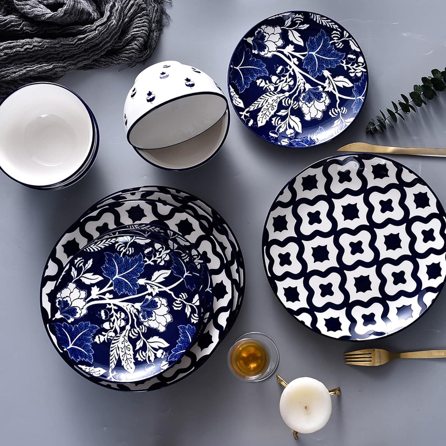 Wisenvoy Juegos de Vajilla Juegos de Platos y Tazones Juego de Platos de Cerámica Juego de Platos Vajilla de Gres Juego de Platos para 4 Azul