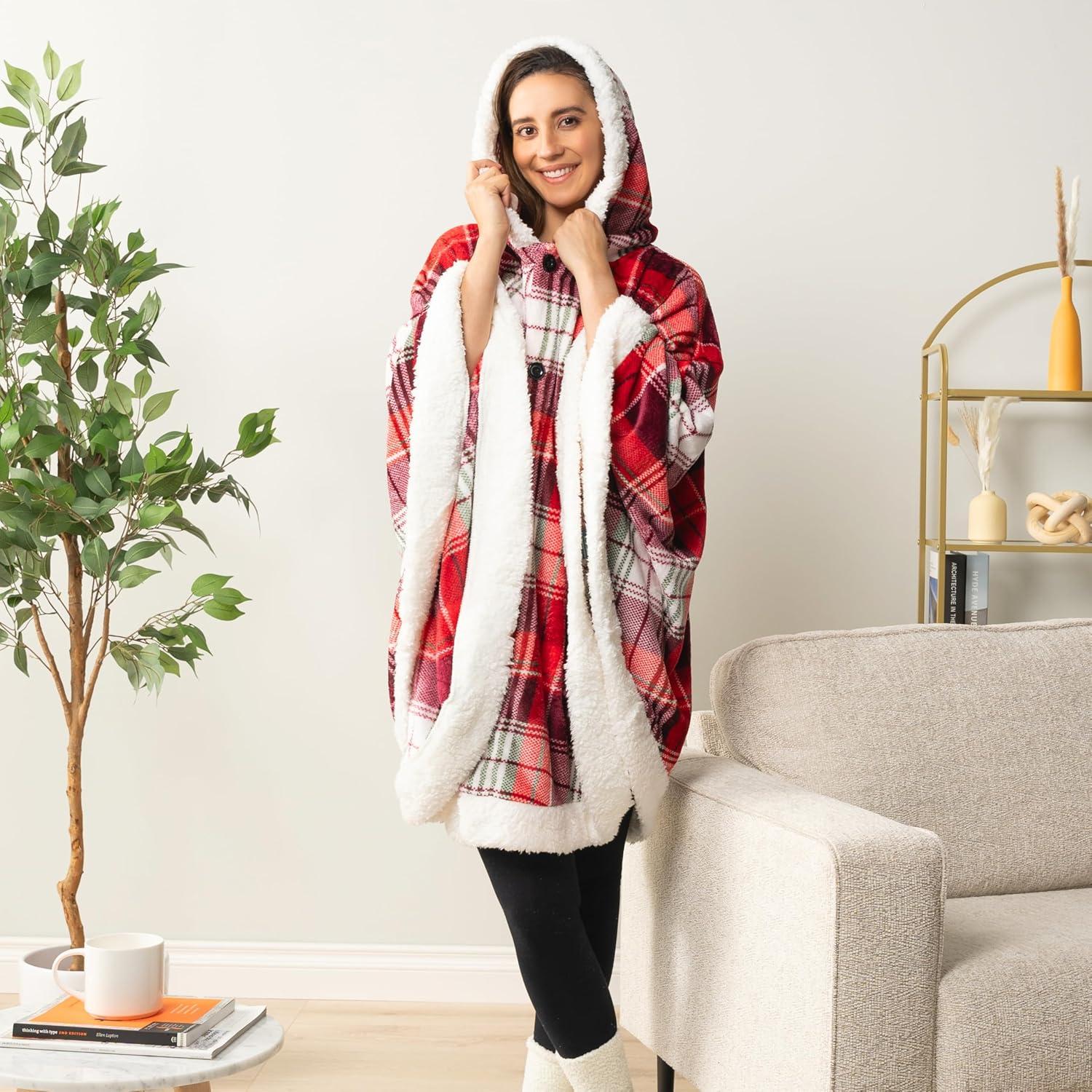 PAVILIA Angel Wrap Hooded Blanket for Women Adult, Wearable Cozy Wrap Throw Fleece Shawl Cape, Tartan Plaid/Faux Shearling