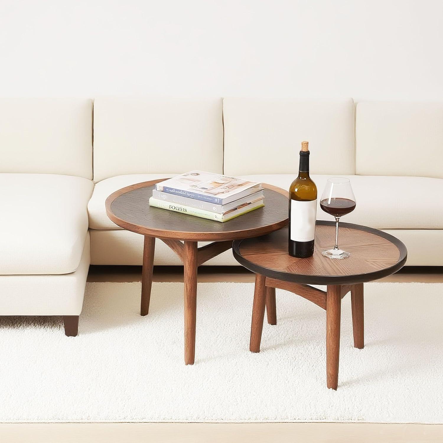 CONSDAN Nesting Table, Solid Oak Hardwood Structure Round Coffee Table & Side Table with Solid Wood Feet for Living Room, Bedroom, Balcony - Standard