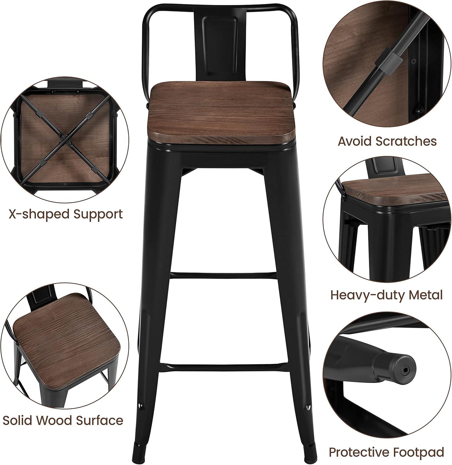 Killeryuki 24'' Metal Bar Stool 4PCS Low Back Conuter Stools for Indoor/Outdoor Barstools Metal Black Stools Bar Chairs w/Wooden Seat Metal Leg Industrial Counter Height Stools Black