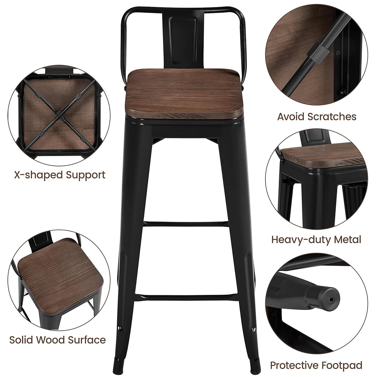 Killeryuki 24'' Metal Bar Stool 4PCS Low Back Conuter Stools for Indoor/Outdoor Barstools Metal Black Stools Bar Chairs w/Wooden Seat Metal Leg Industrial Counter Height Stools Black