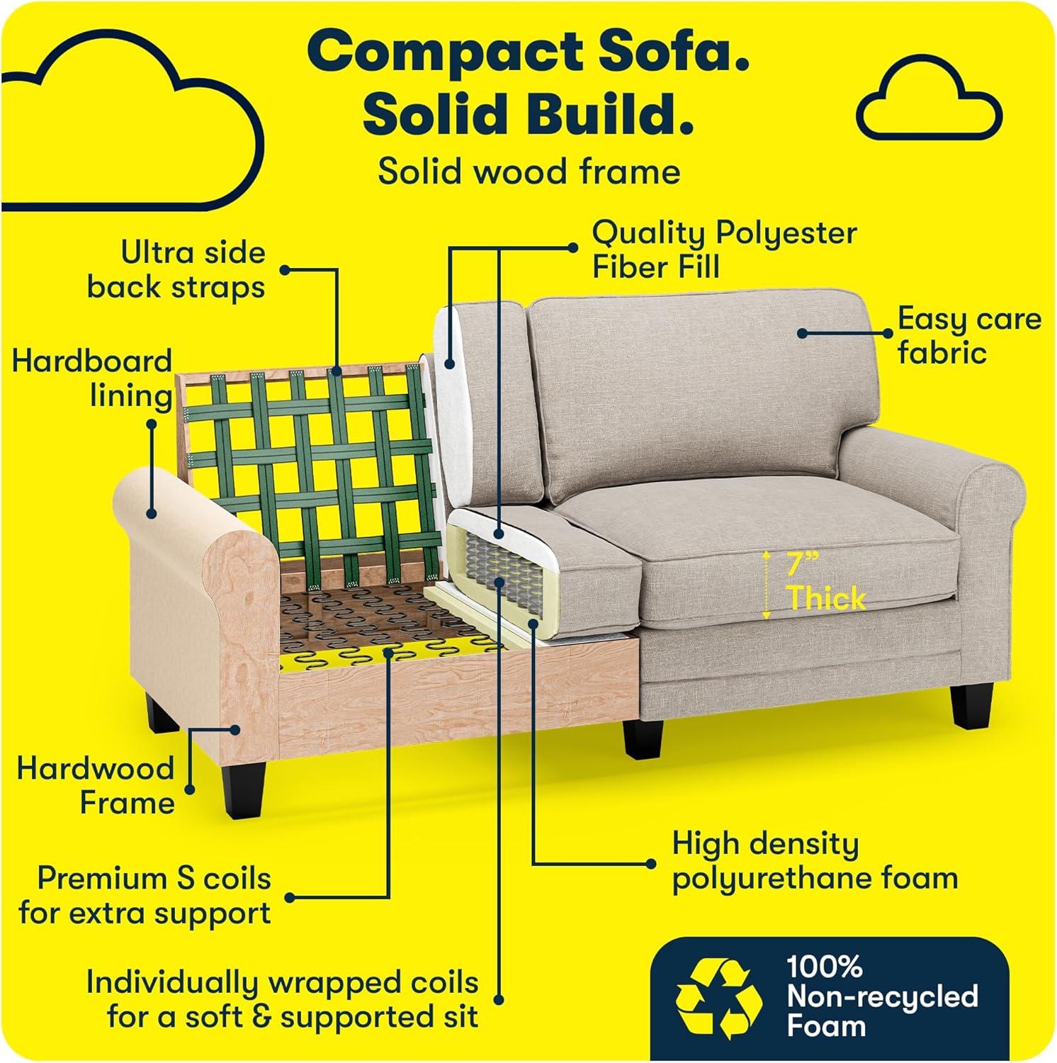 Serta Copenhagen 73" Rolled Arm Sofa, Easy Care Fabric, Soft Pillow Back, Pocket Coil Seat Cushions