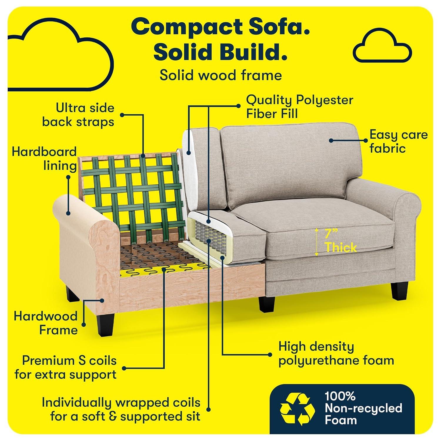 Serta Copenhagen 73" Rolled Arm Sofa, Easy Care Fabric, Soft Pillow Back, Pocket Coil Seat Cushions