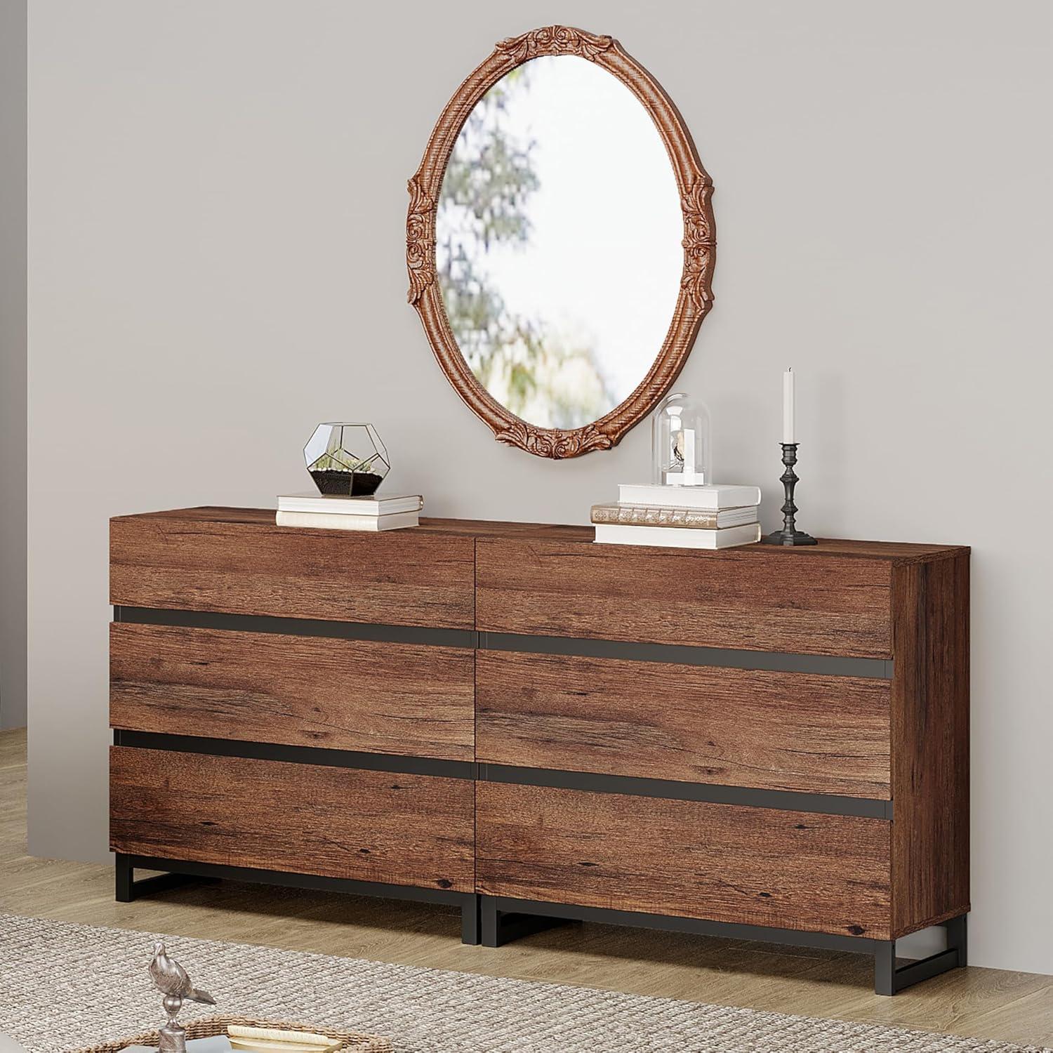 WAMPAT Dresser for Bedroom, Closet Organizers and Storage with 6 Drawers, Chest of Drawers with Metal Base, Modern Wood Dresser for Living Room, Entryway, Brown