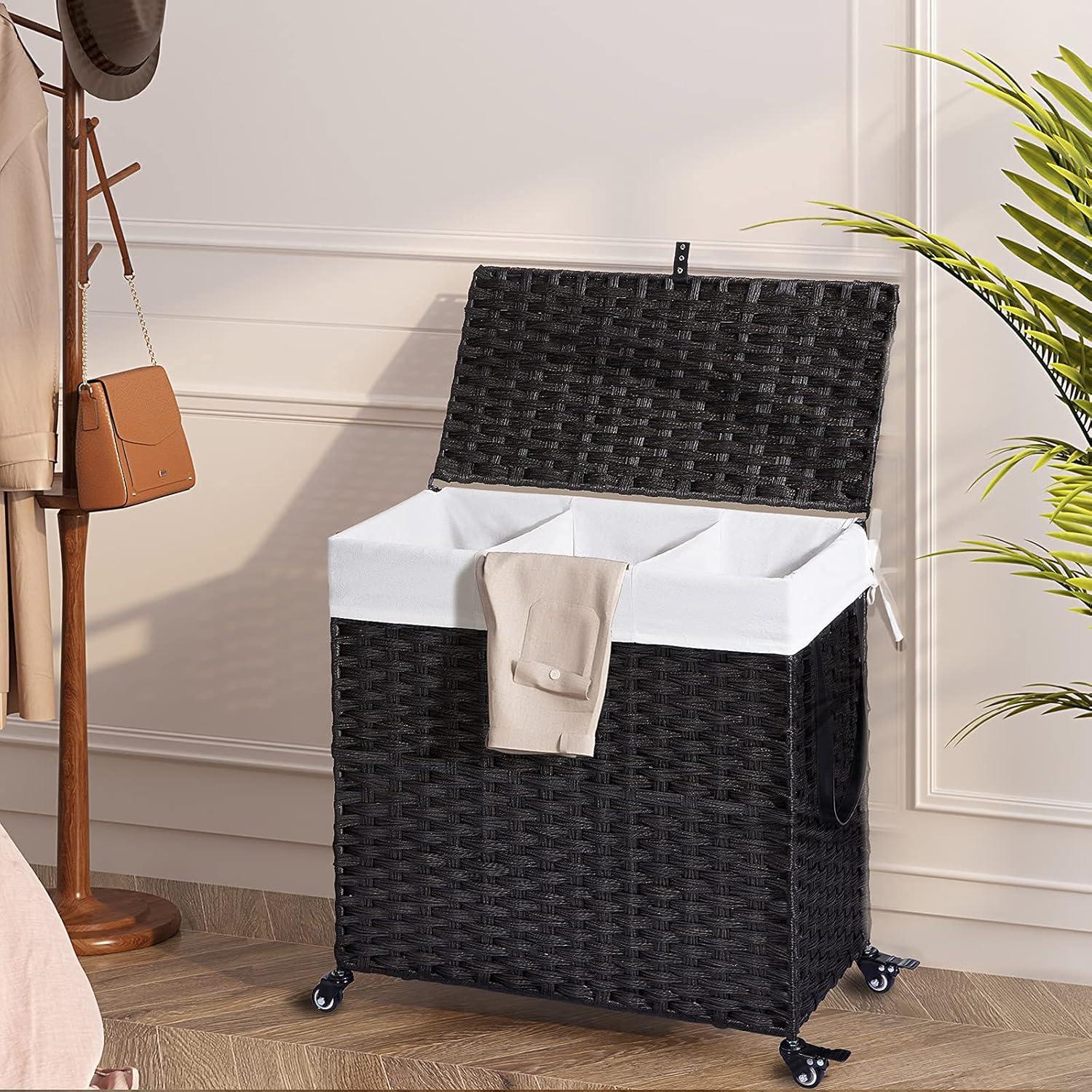 Greenstell Laundry Hamper with Wheels&Lid, 140L Large 3 Sections Clothes Hamper with 2 Types Removable Liner Bags, 5 Mesh Laundry Bags, Handwoven Divided Laundry Basket Black