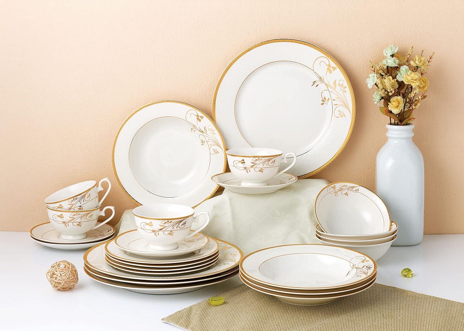 Rosalia Gold Floral Embossed Bone China Dinnerware Set, Service for 4