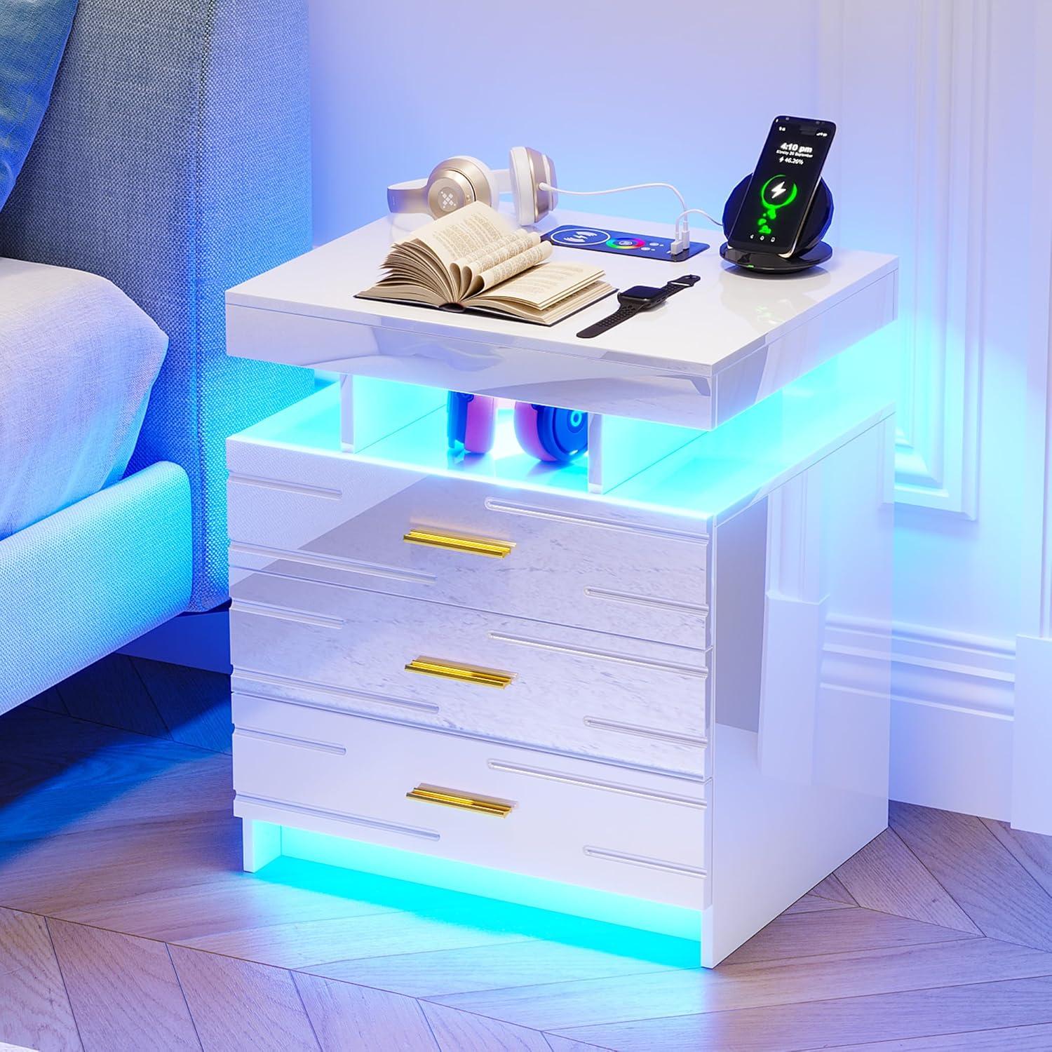 HNEBC Smart LED Nightstand with Wireless Charging & USB Ports, High Glossy Night Stand with 3 Drawers and 1 Pull-Out Tray, Modern Bedside Table with Human Sensor for Bedroom (White)