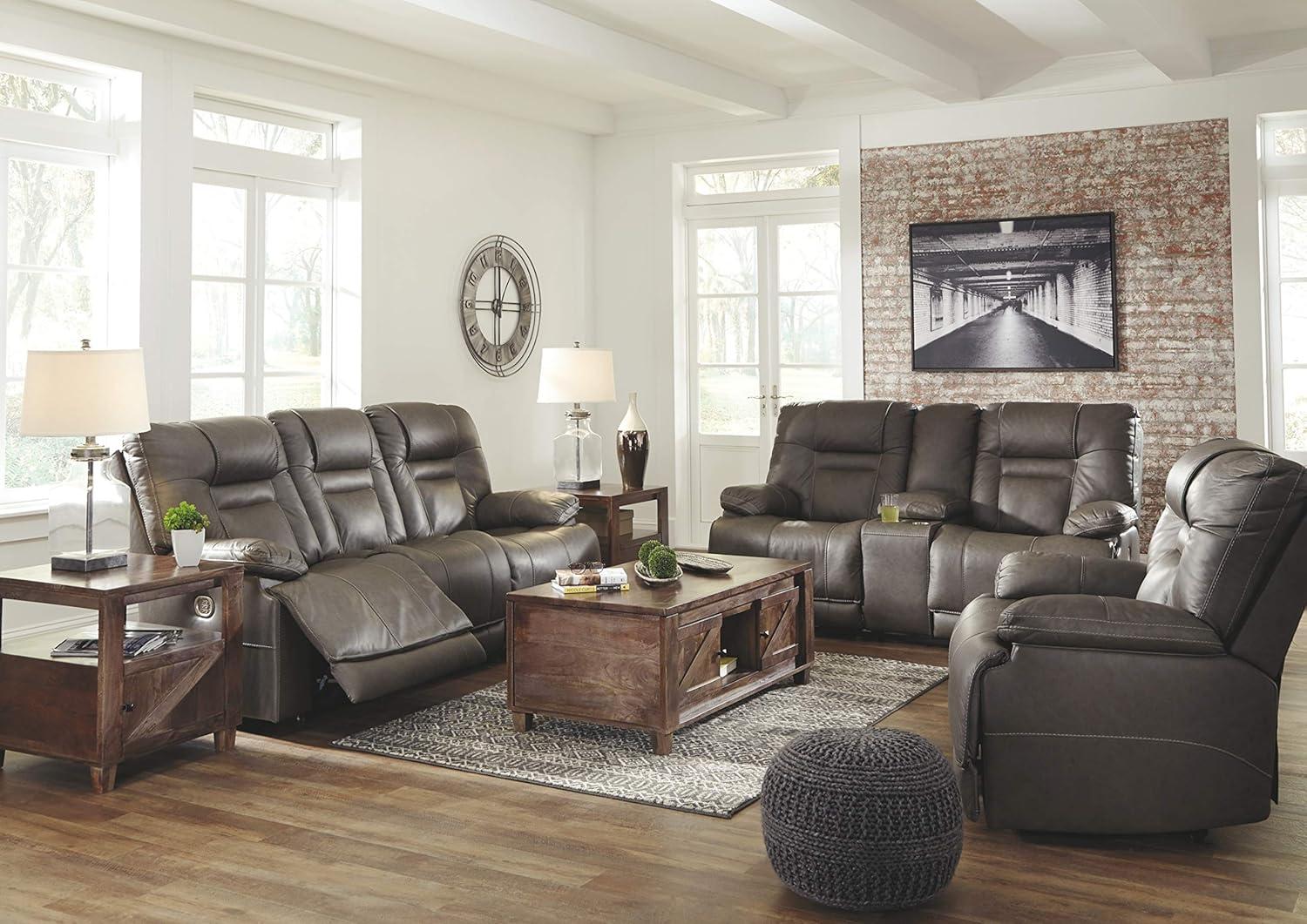 Signature Design by Ashley Wurstrow Leather Power Reclining Sofa in Smoke