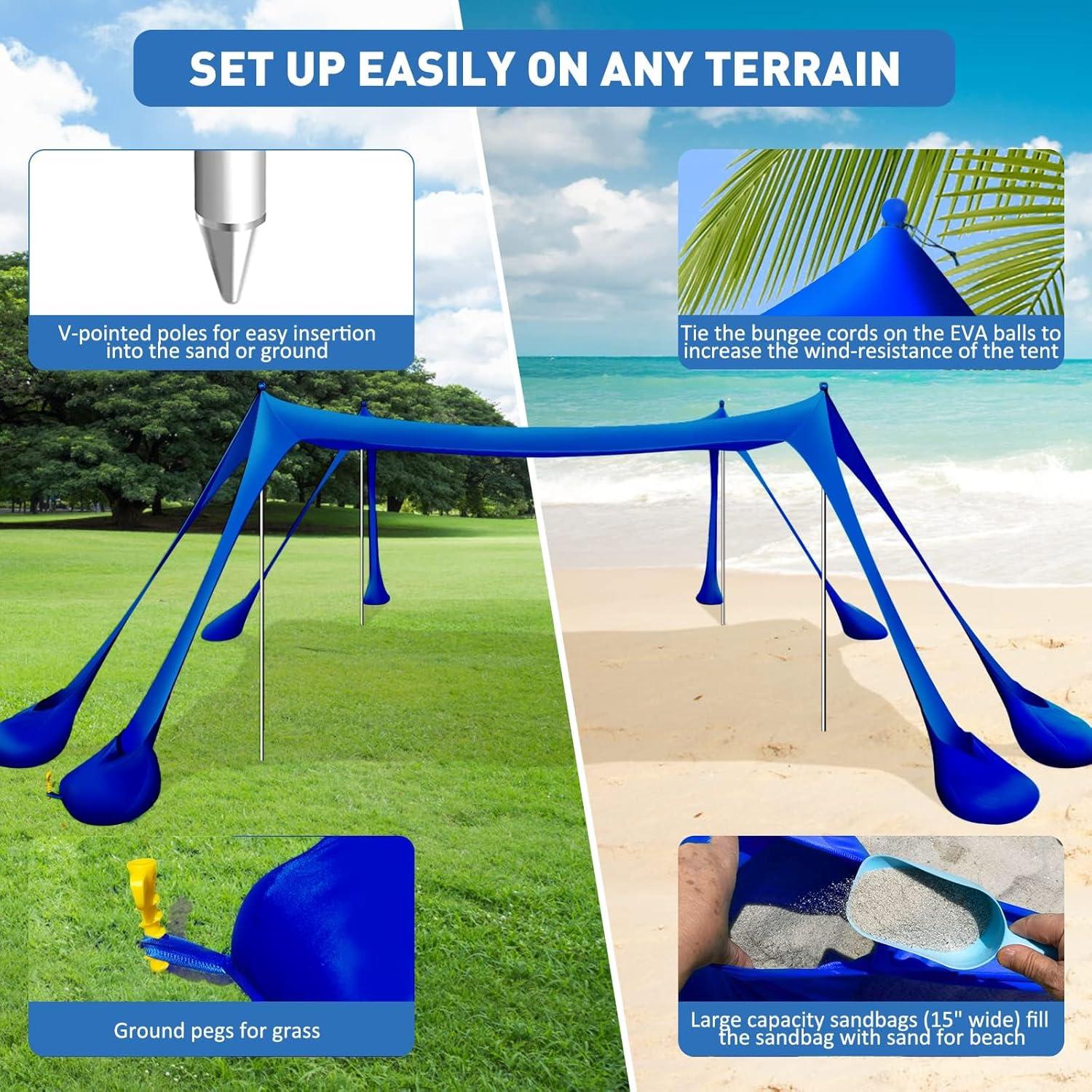 Beach Tent Canopy Pop Up Shade 10x10ft Sun Shelter Portable Family UPF50+ with 8 Sandbags-2 Sand Shovel-4 Aluminum Poles-Ground Pegs-Carrying Bag for Outdoor Camping Fishing Backyard Picnic