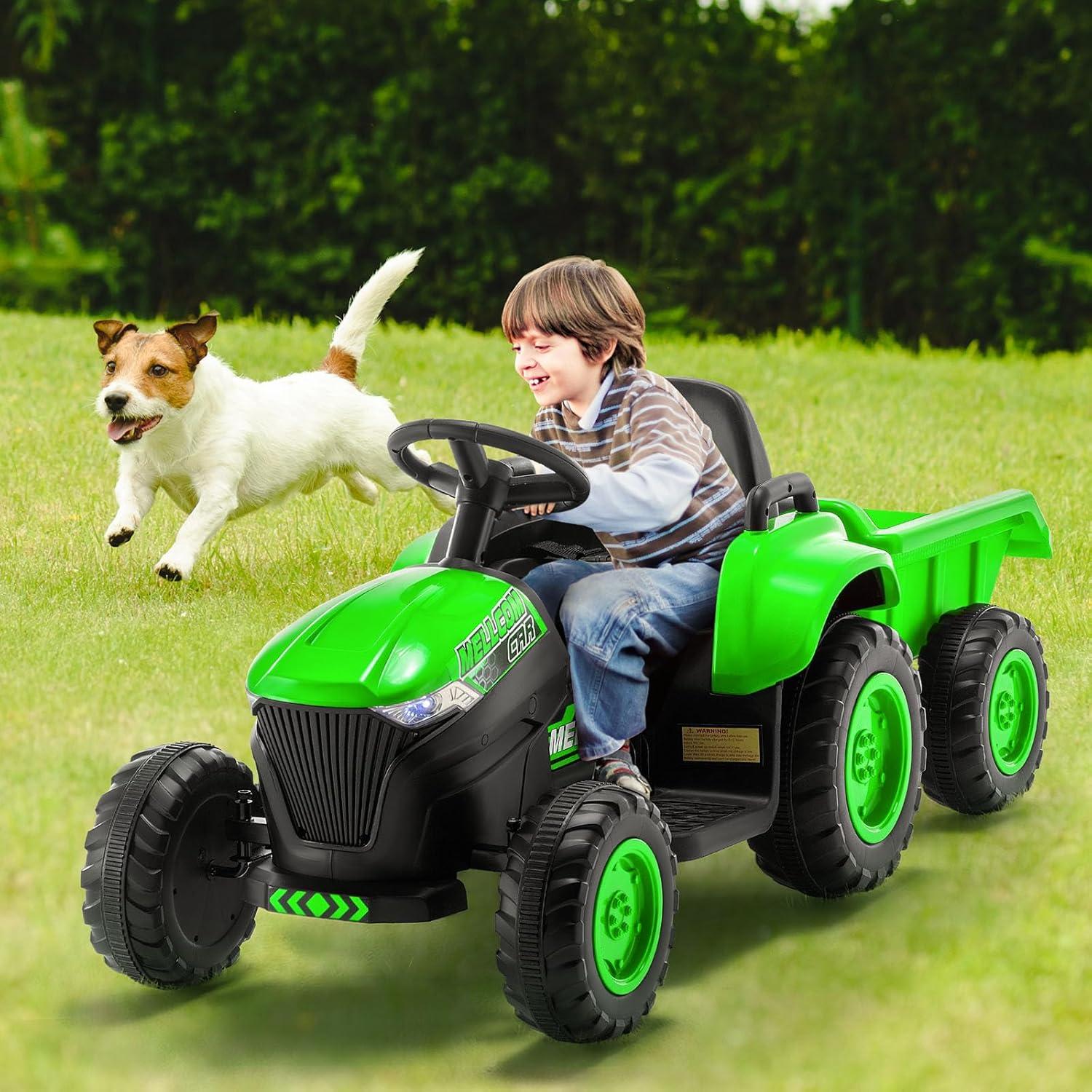 Erommy Kids Ride on Tractor with Remote Control, 12V Battery Powered Electric Tractor with 30W Dual Motors/Cool Lights/Bluetooth Music for Kids, Green