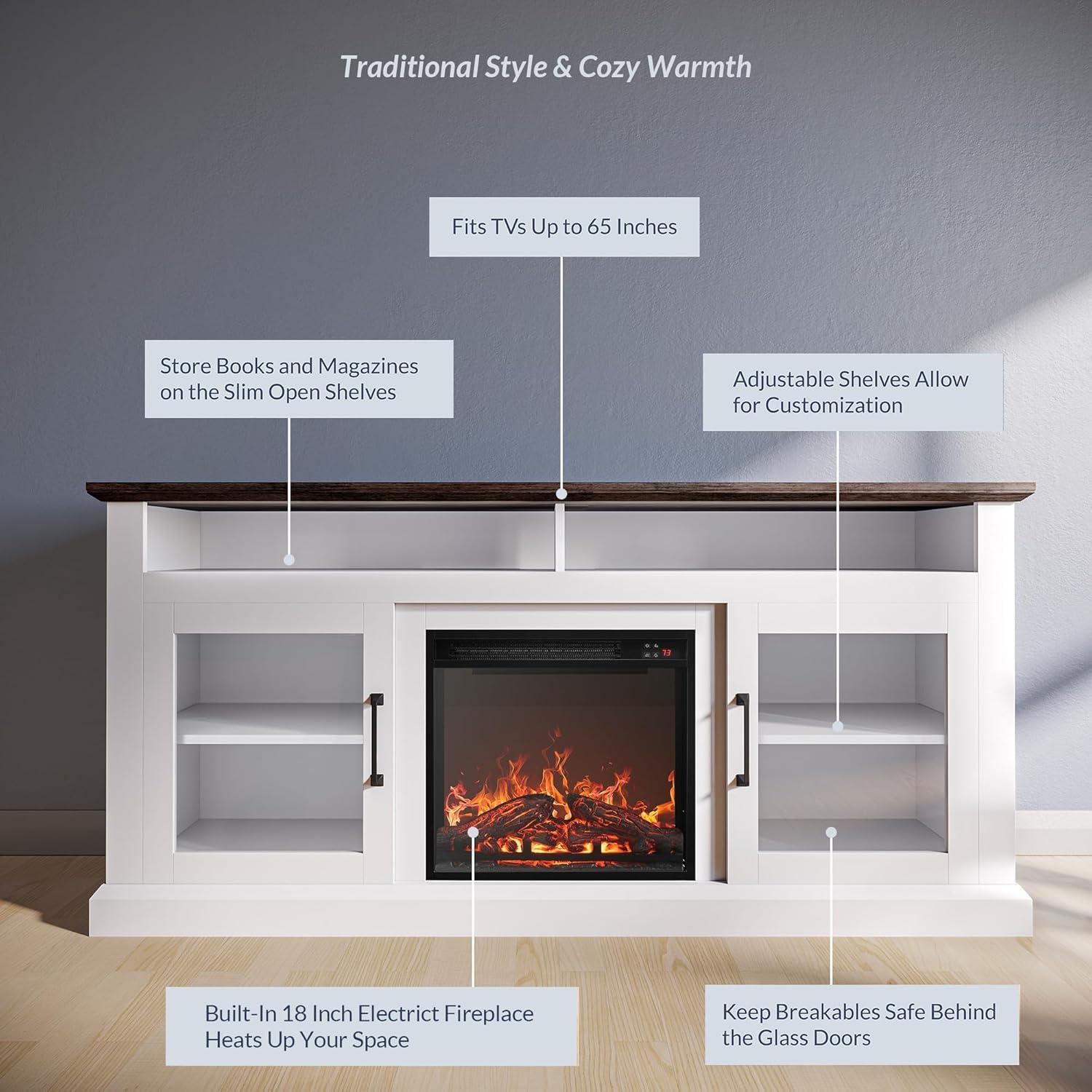 BELLEZE Modern 60 Inch Traditional TV Stand with 18 Inch Electric Fireplace & Media Entertainment Center Console Table for TV up to 65 Inch with Open Storage Shelves & Cabinets - Cayman (White)