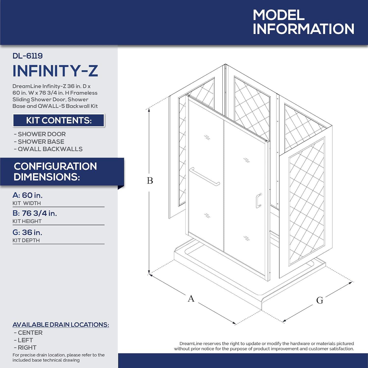 Infinity-Z 60" W x 36" D x 76.75" H Semi-Frameless Rectangle Shower Enclosure with Towel Bar