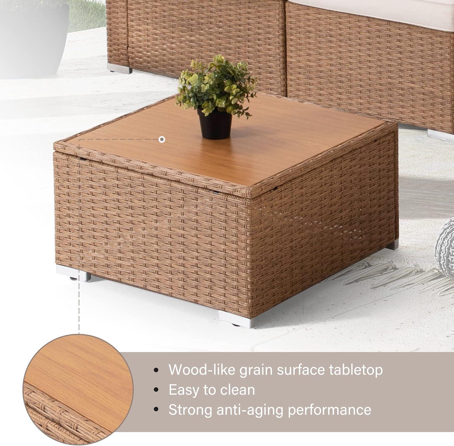 LAUSAINT HOME 7 Pieces Patio Conversation Set, Outdoor Sectionals with 6 Chairs and 1 Coffee Table, Beige Cushions & Brown Wicker