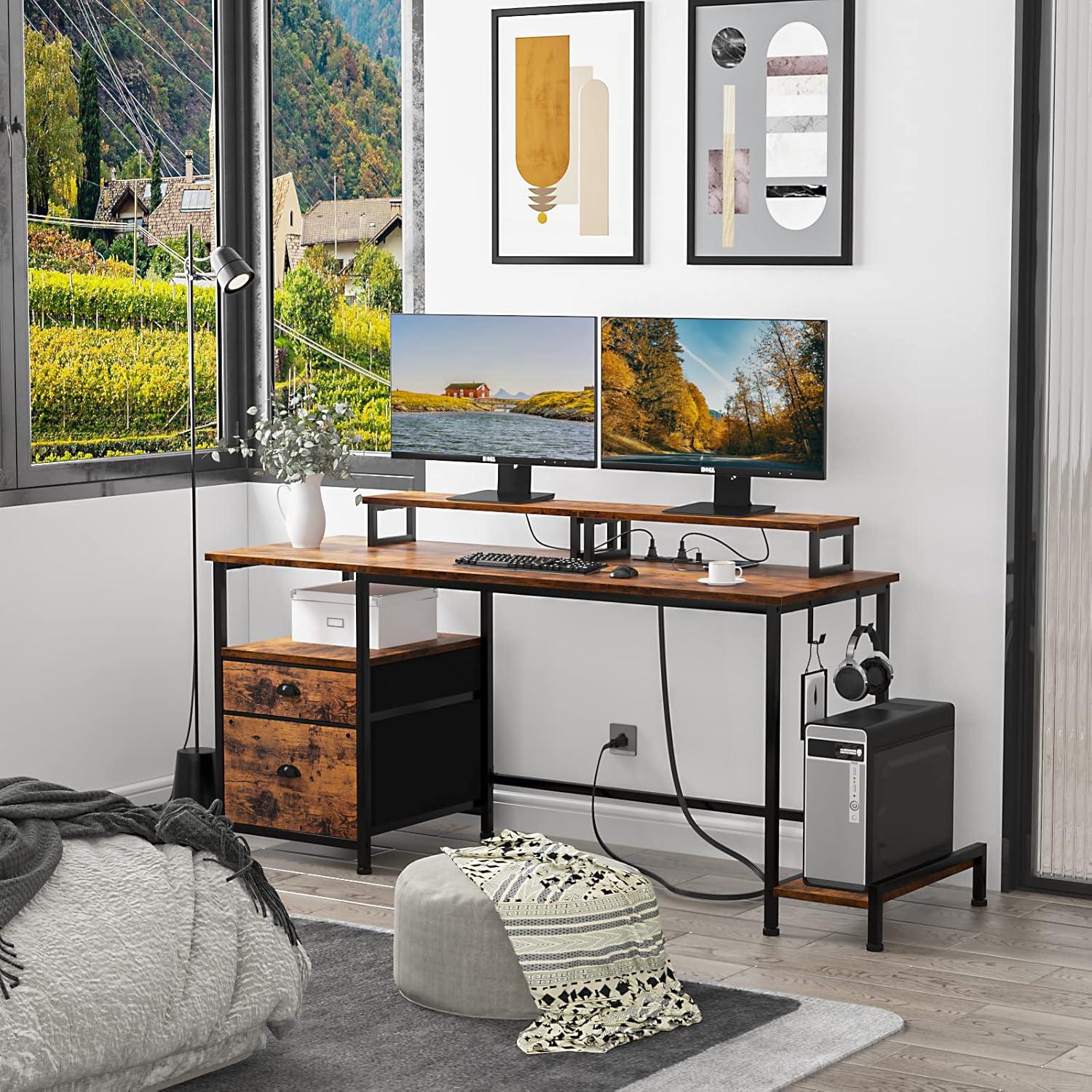 Rustic Brown Computer Desk with Drawer and Power Outlets