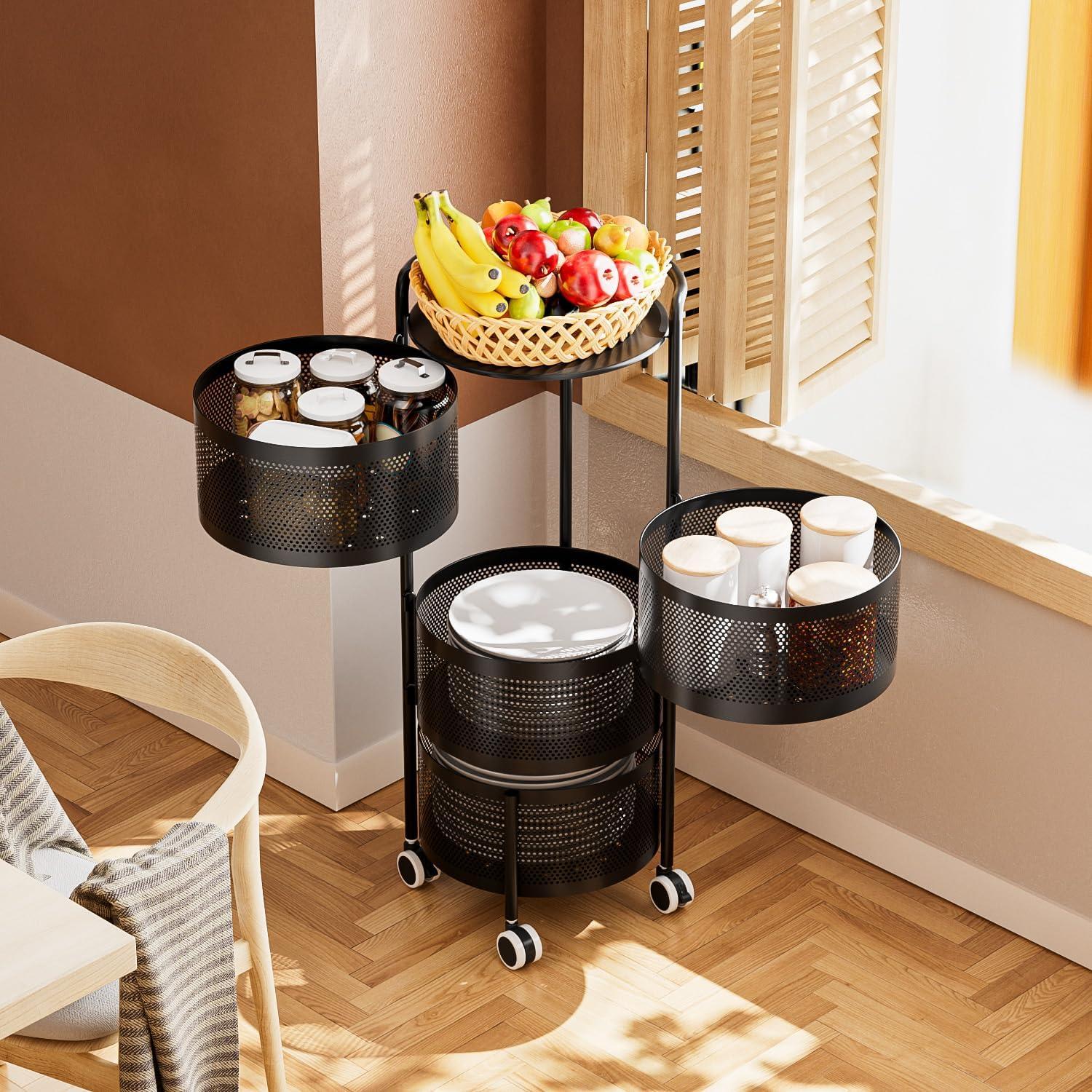 Rotating Kitchen Storage Rack No Assembly, 4-Tier Metal Storage Tower Basket Shelves Organizer on Rolling Wheels with Removal Drawers for Fruit Vegetable Grocery Corns Potato Onion (4-Tier, Black)