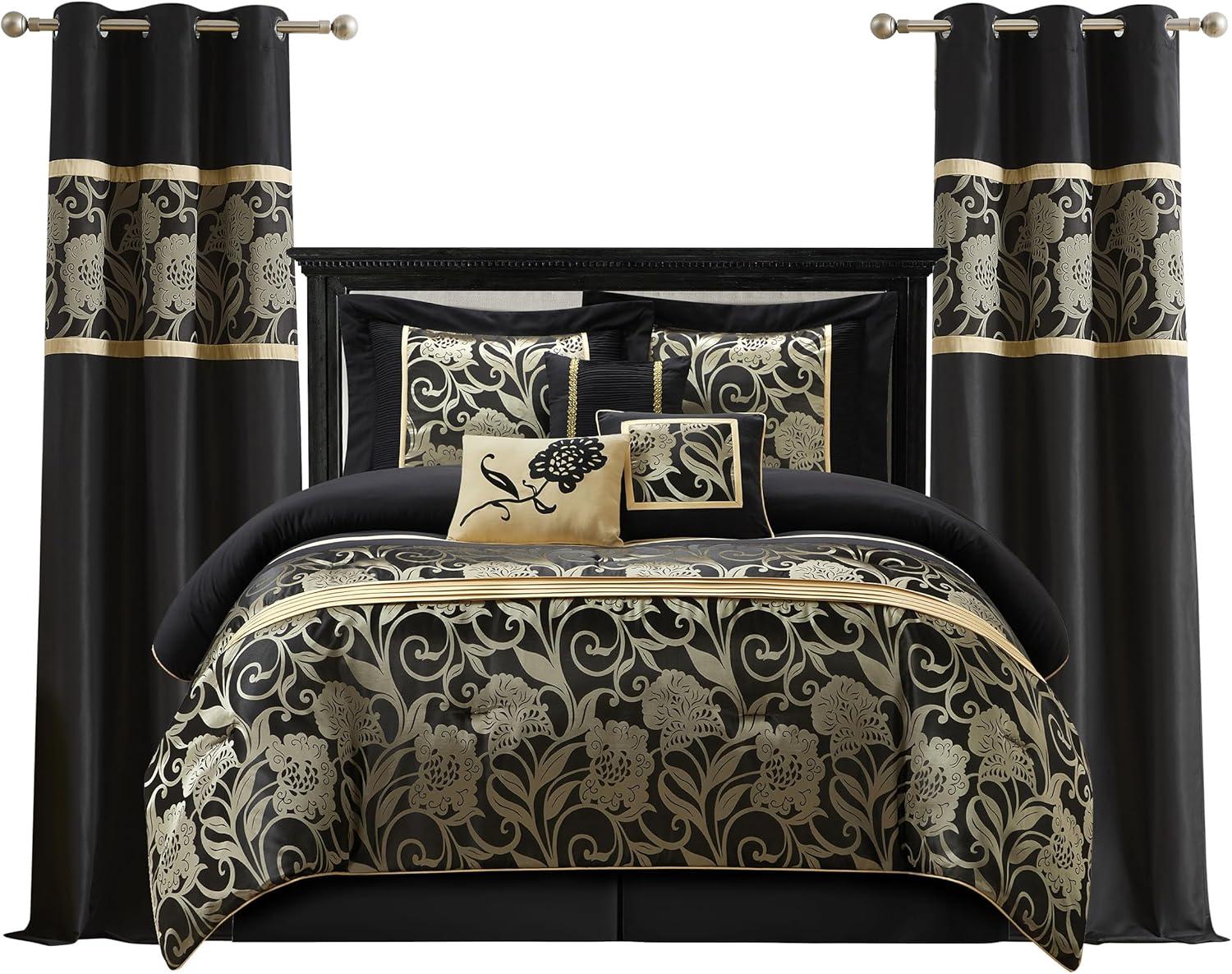 Nanshing America, Inc Fennville Black/Gold/Beige Microfiber 7 Piece Comforter Set