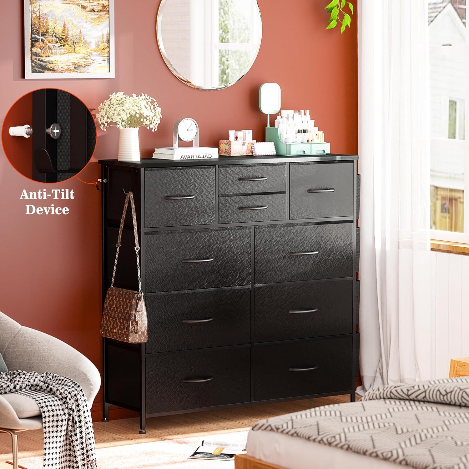 Modern 10-Drawer Fabric Storage Dresser - Tall Chest of Drawers with Steel Frame, Wooden Top, for Bedroom, Closet, Entryway, Black