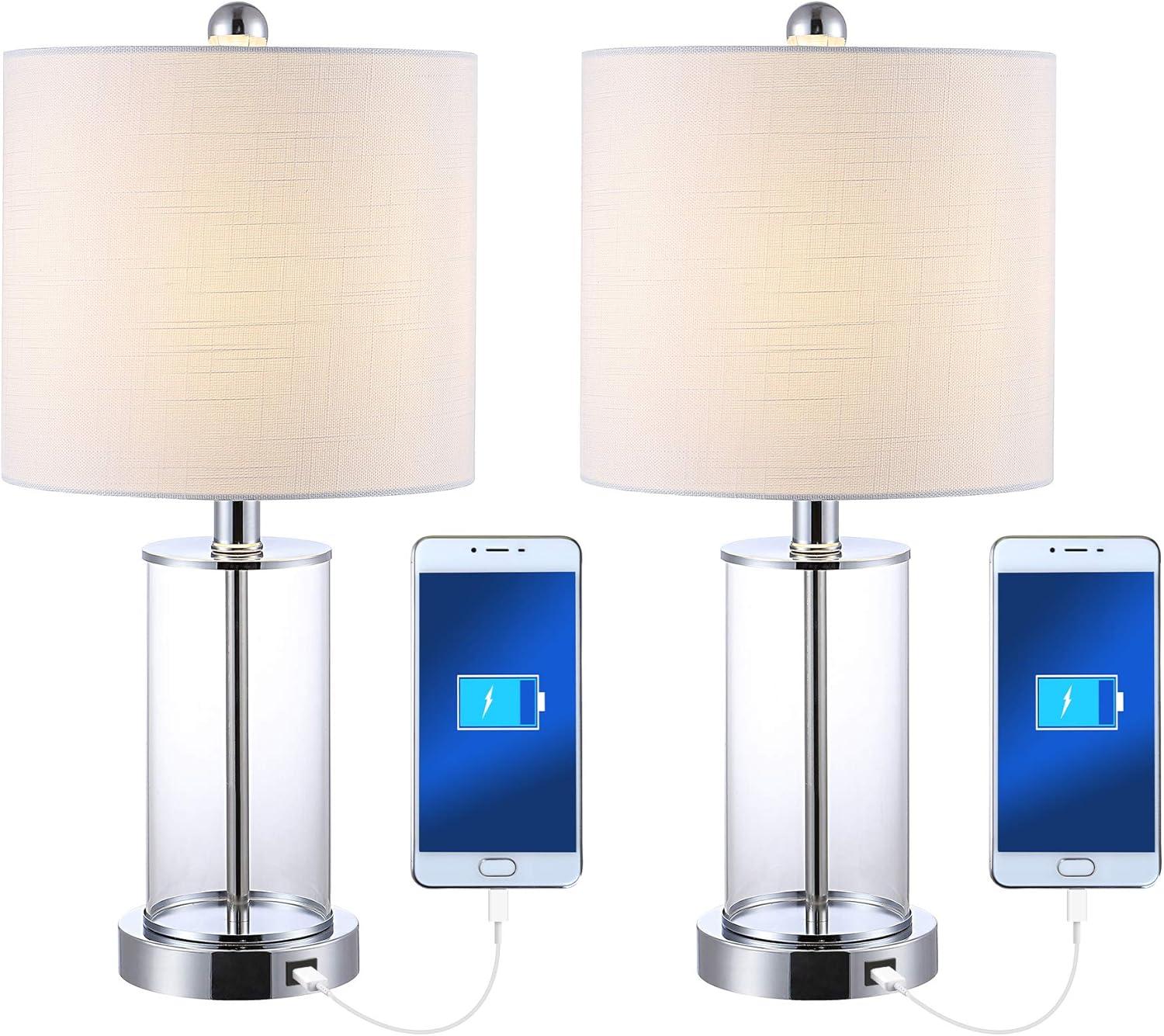 Abner 21" Chrome and Clear Glass USB Table Lamp Set